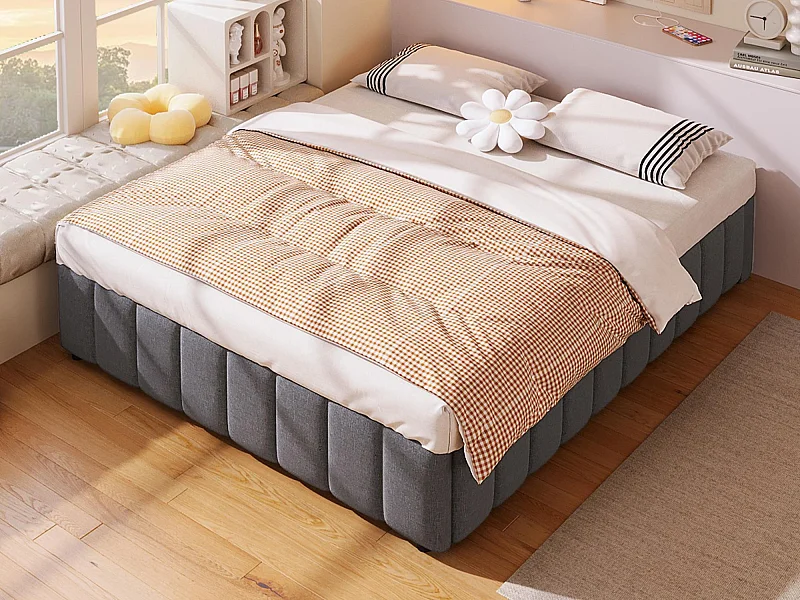 Cama estofada em linho com arrumação - 140x200 cm - sem cabeceira - Cinza