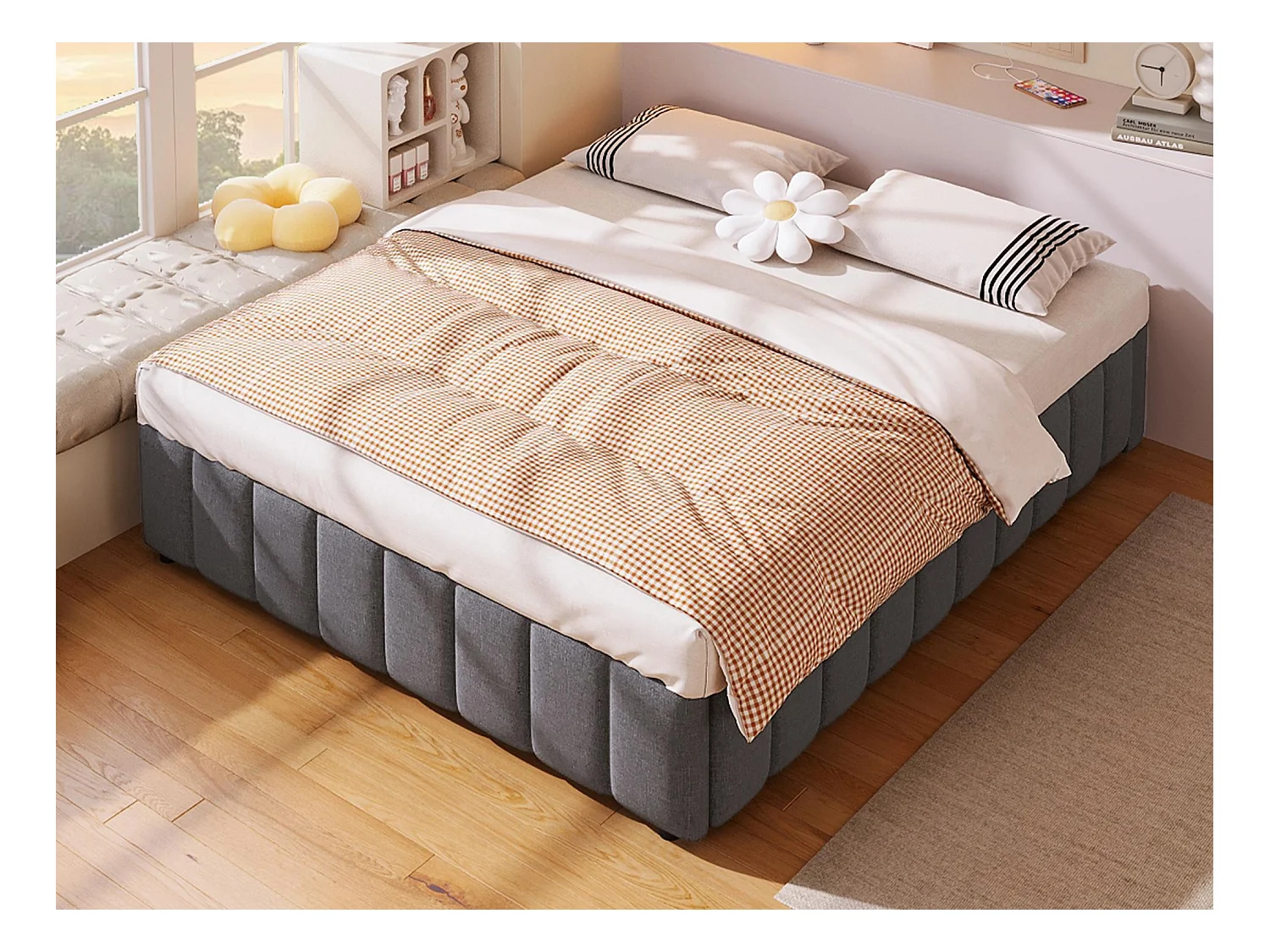 Lit coffre capitonné en lin - 140x200 cm - sans tête de lit - Gris