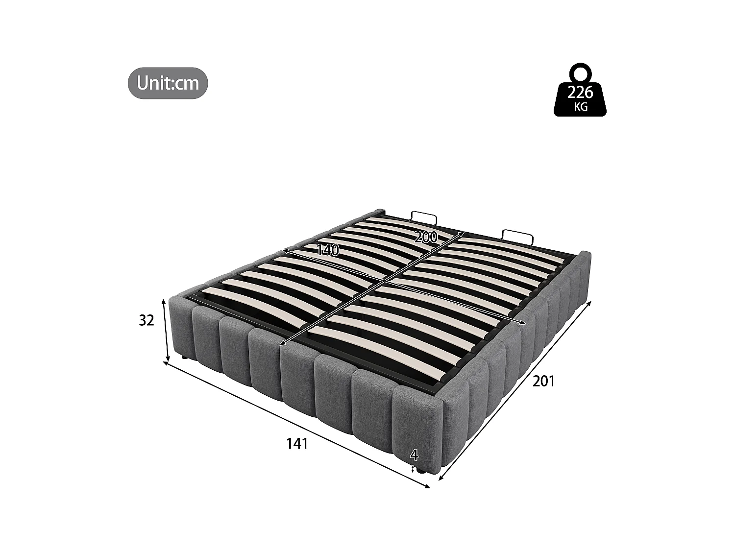 Lit coffre capitonné en lin - 140x200 cm - sans tête de lit - Gris