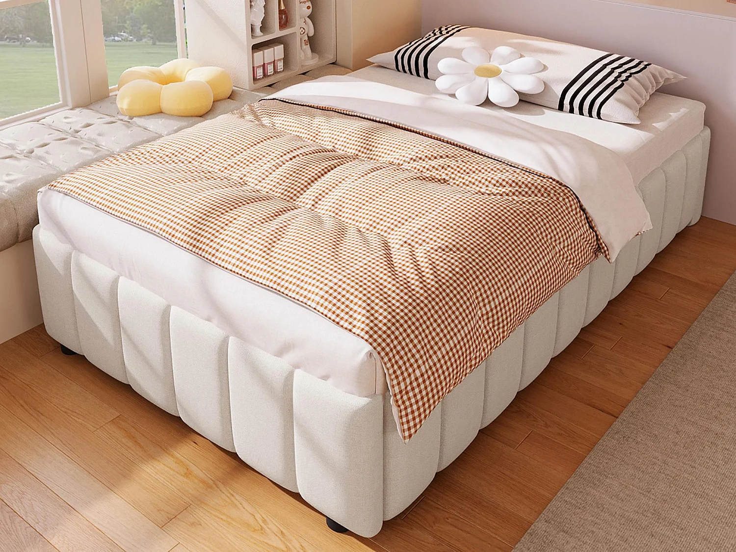 Leinengepolstertes Bett mit Stauraum - 90x200 cm - ohne Kopfteil - Beige