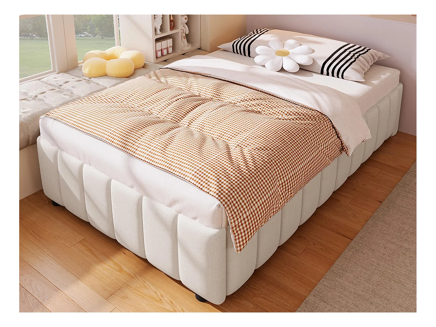 Cama estofada em linho - 90x200 cm - sem cabeceira - Bege