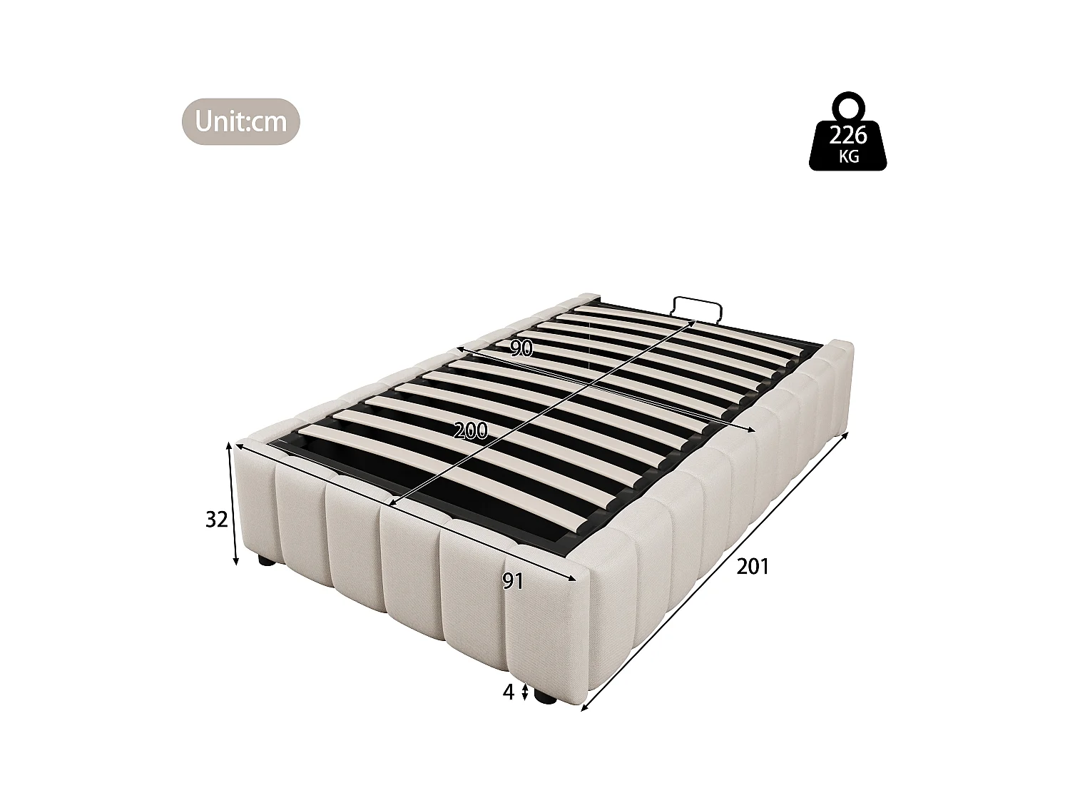 Letto contenitore imbottito in lino - 90x200 cm - senza testiera - Beige