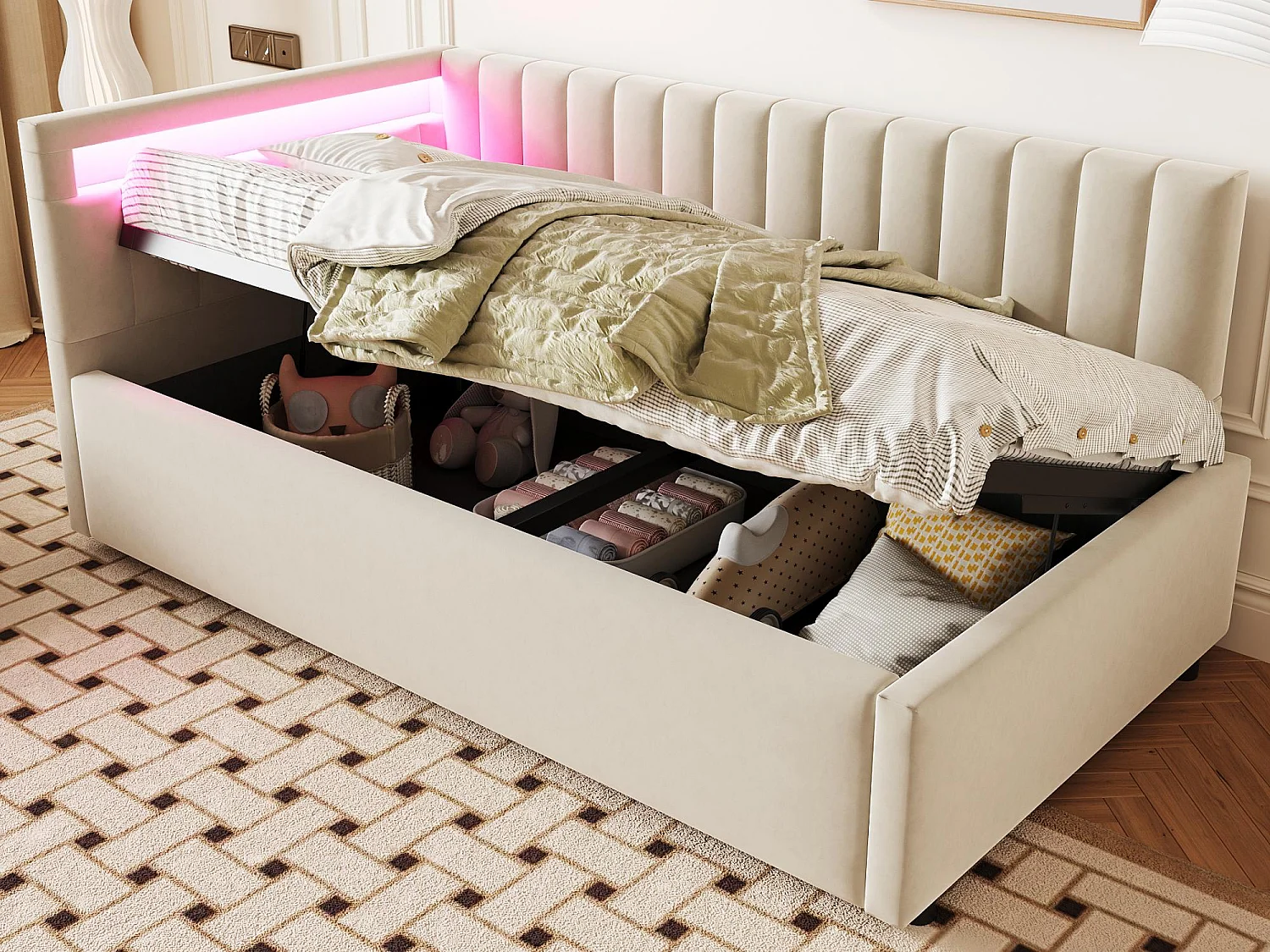 Letto contenitore 90x200cm con LED - tessuto velluto - Beige