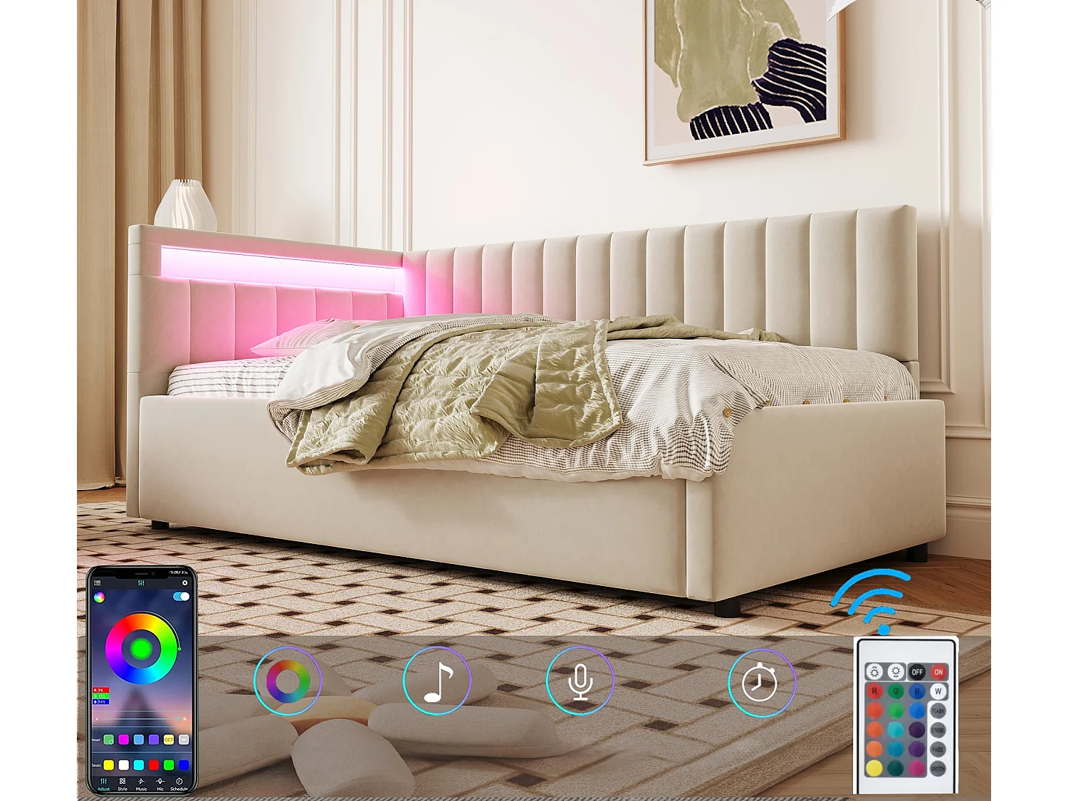 Letto contenitore 90x200cm con LED - tessuto velluto - Beige