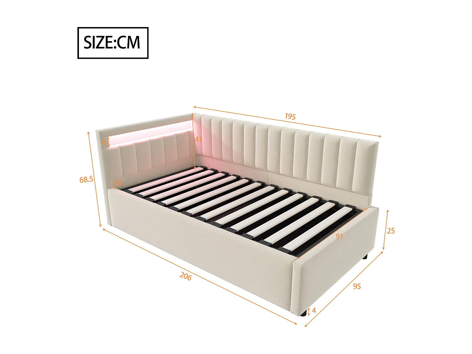 Letto contenitore 90x200cm con LED - tessuto velluto - Beige