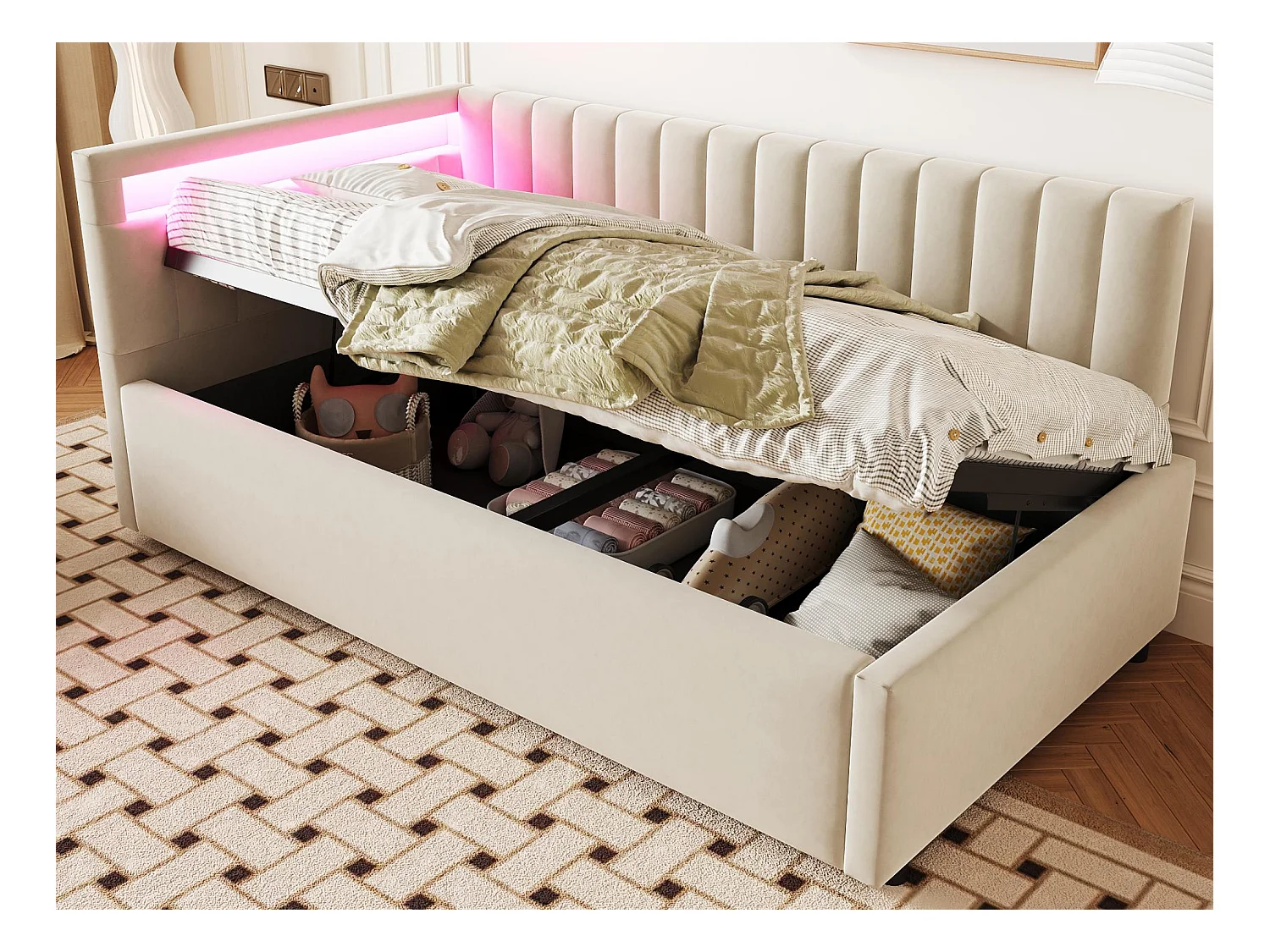 lit coffre 90x200cm avec LED - tissu en velours - Beige