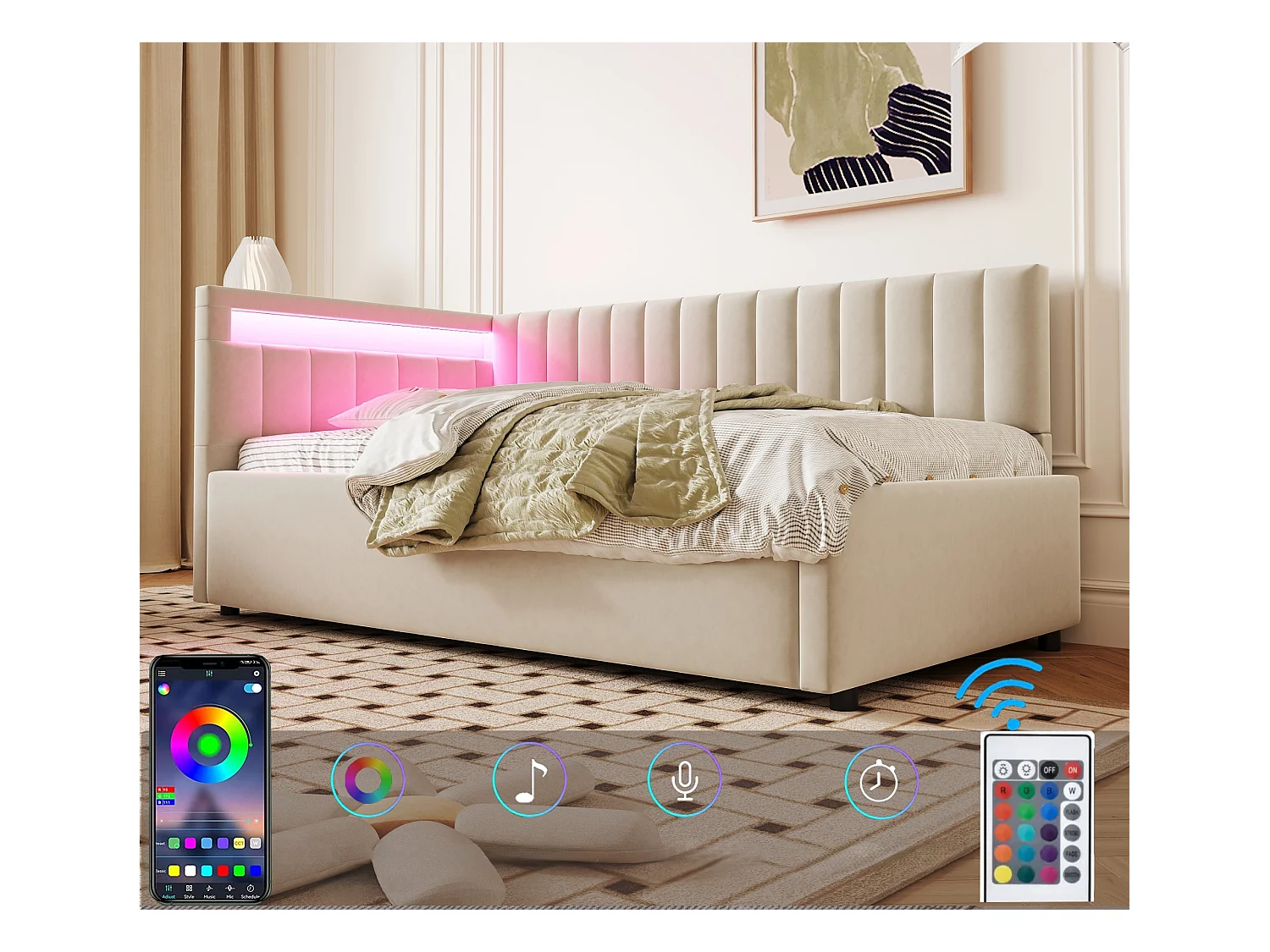 lit coffre 90x200cm avec LED - tissu en velours - Beige