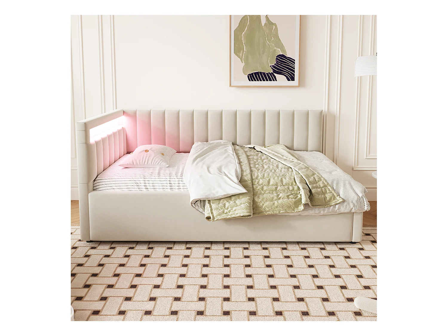 lit coffre 90x200cm avec LED - tissu en velours - Beige
