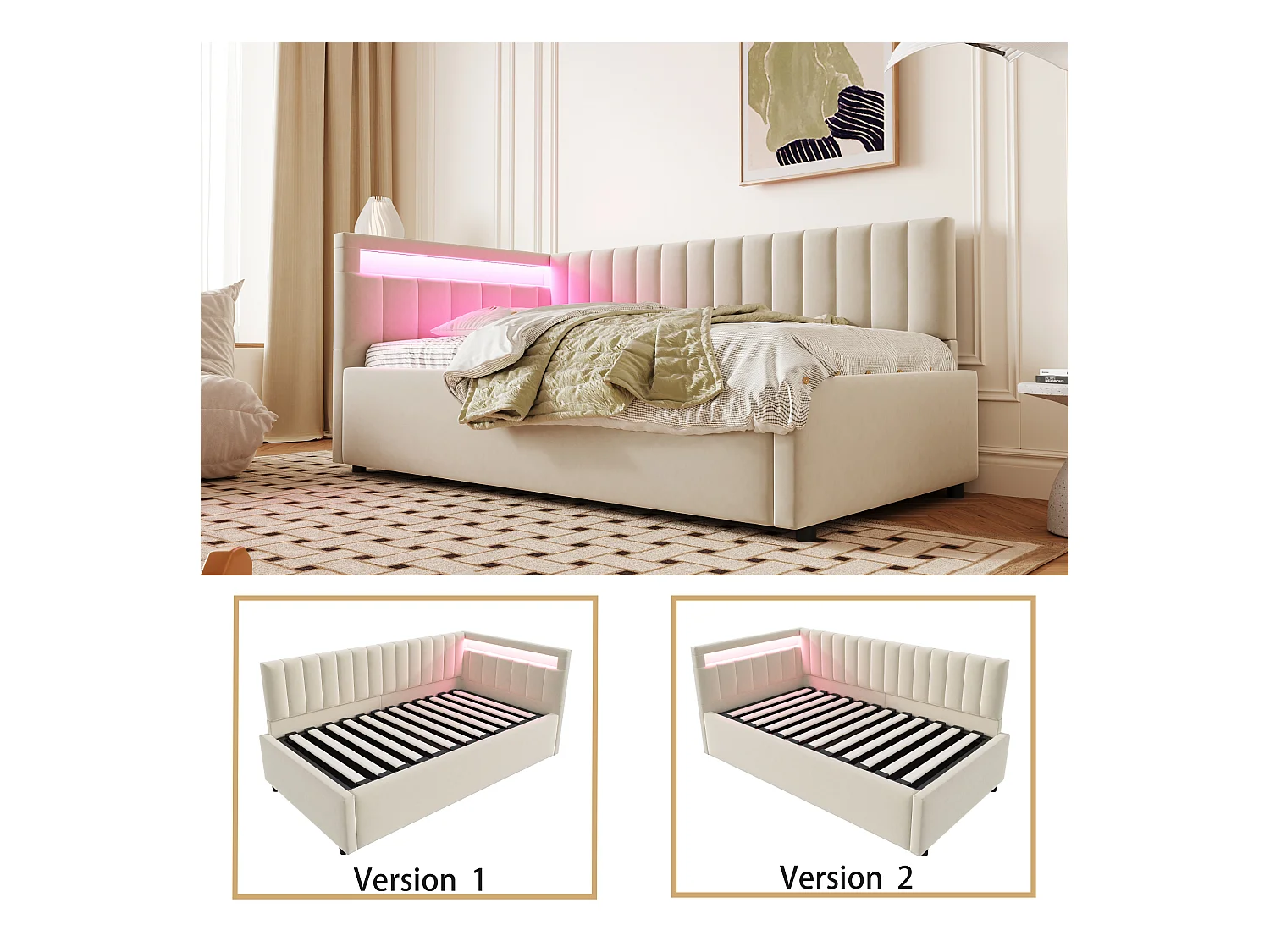 lit coffre 90x200cm avec LED - tissu en velours - Beige