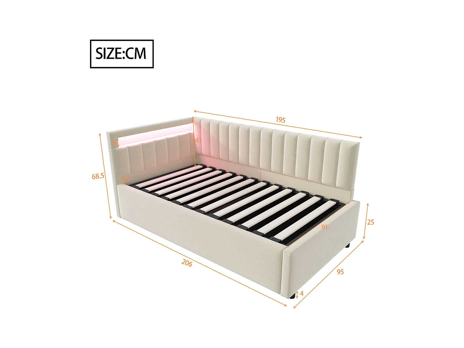 lit coffre 90x200cm avec LED - tissu en velours - Beige