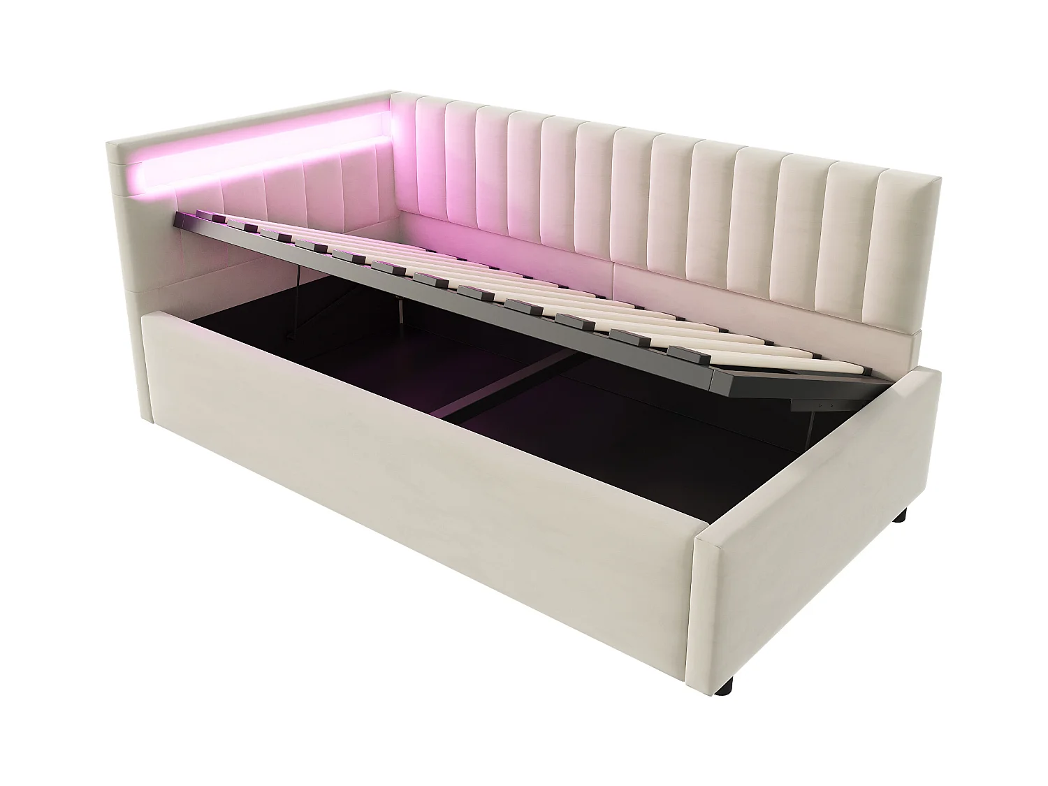 lit coffre 90x200cm avec LED - tissu en velours - Beige