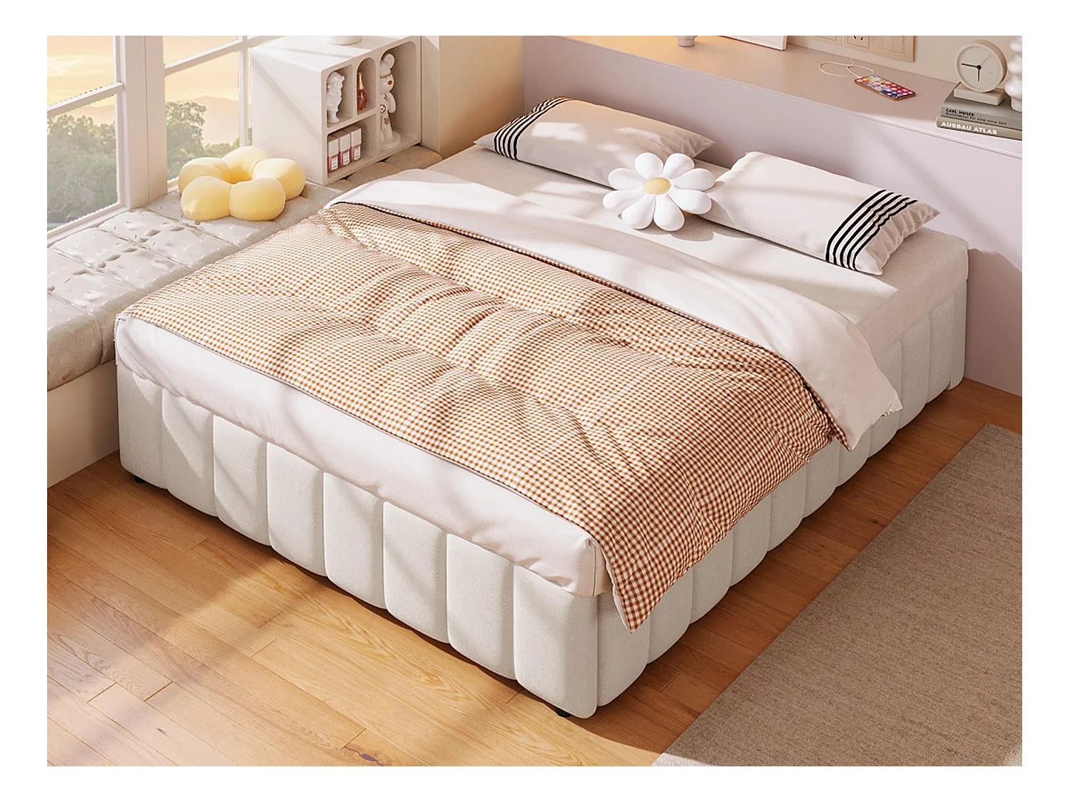 Cama estofada em linho - 140x200 cm - sem cabeceira - Bege