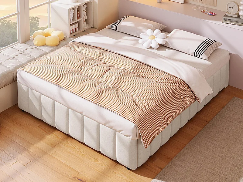 Letto contenitore imbottito in lino - 140x200 cm - senza testiera - Beige