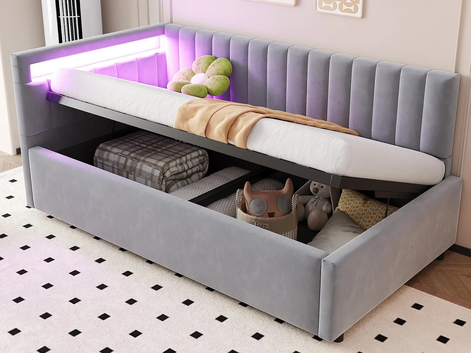 Cama de arrumação 90x200cm com LED - tecido em veludo - Cinza claro