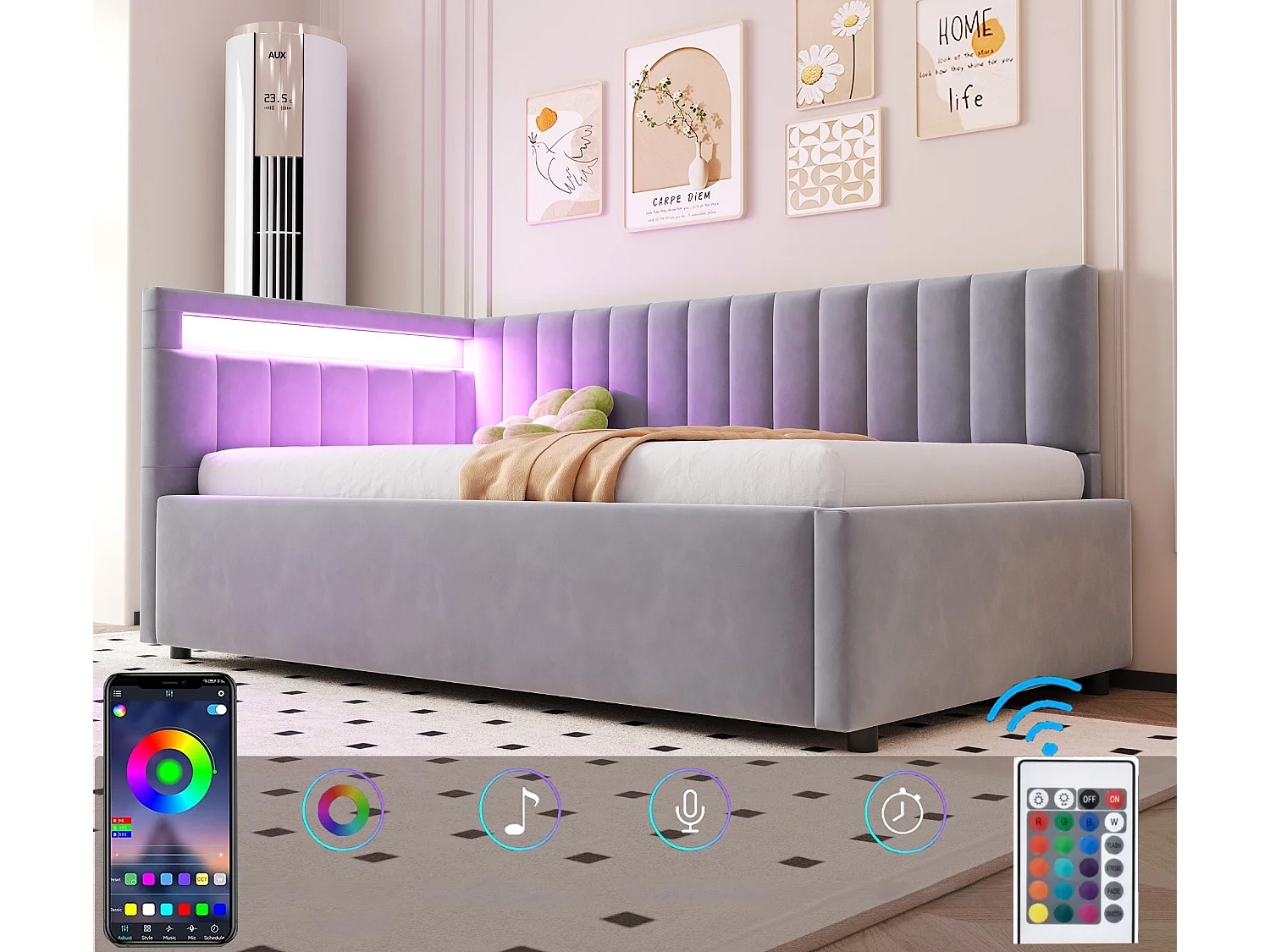 Cama de arrumação 90x200cm com LED - tecido em veludo - Cinza claro