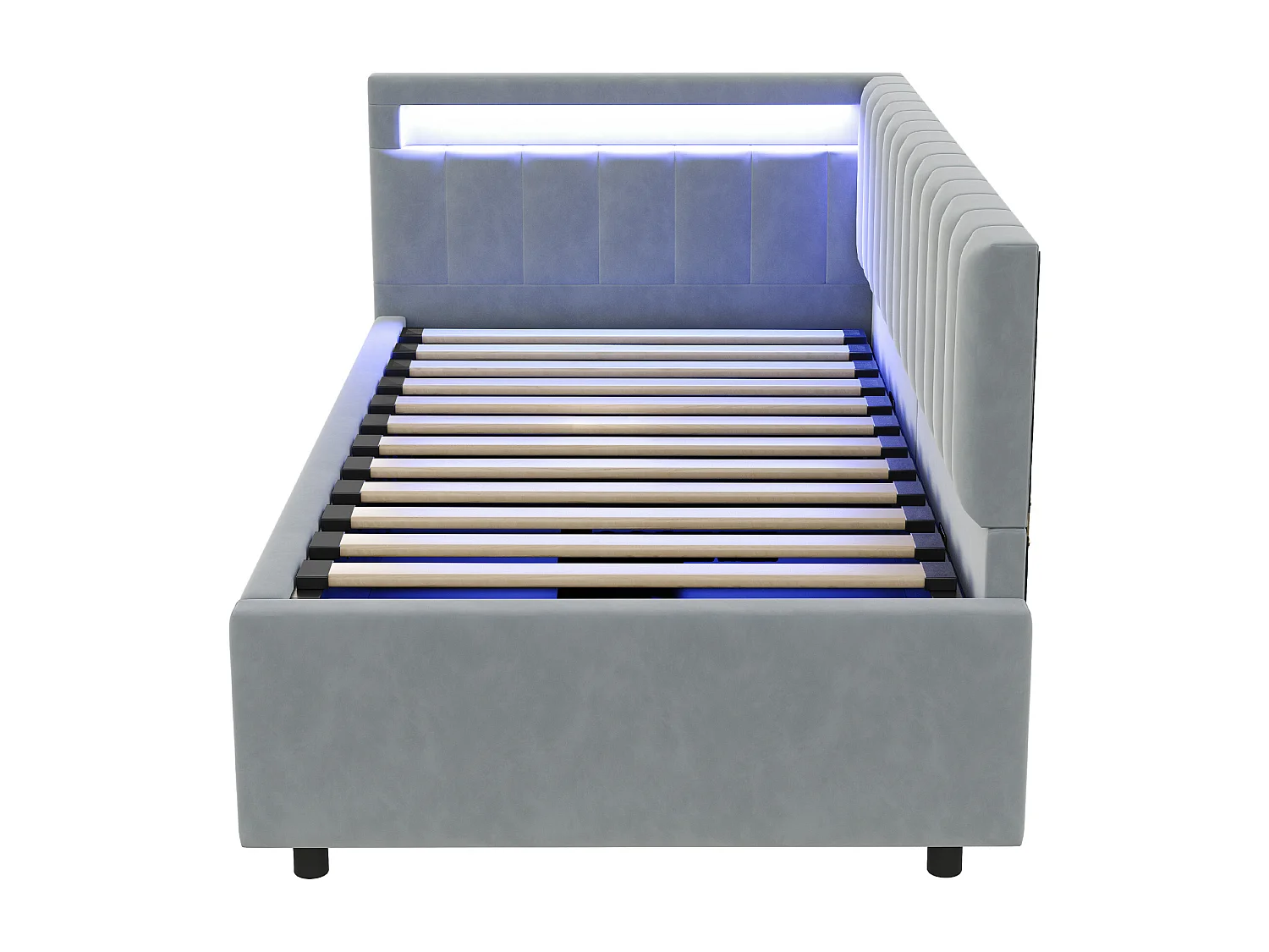 Cama de arrumação 90x200cm com LED - tecido em veludo - Cinza claro