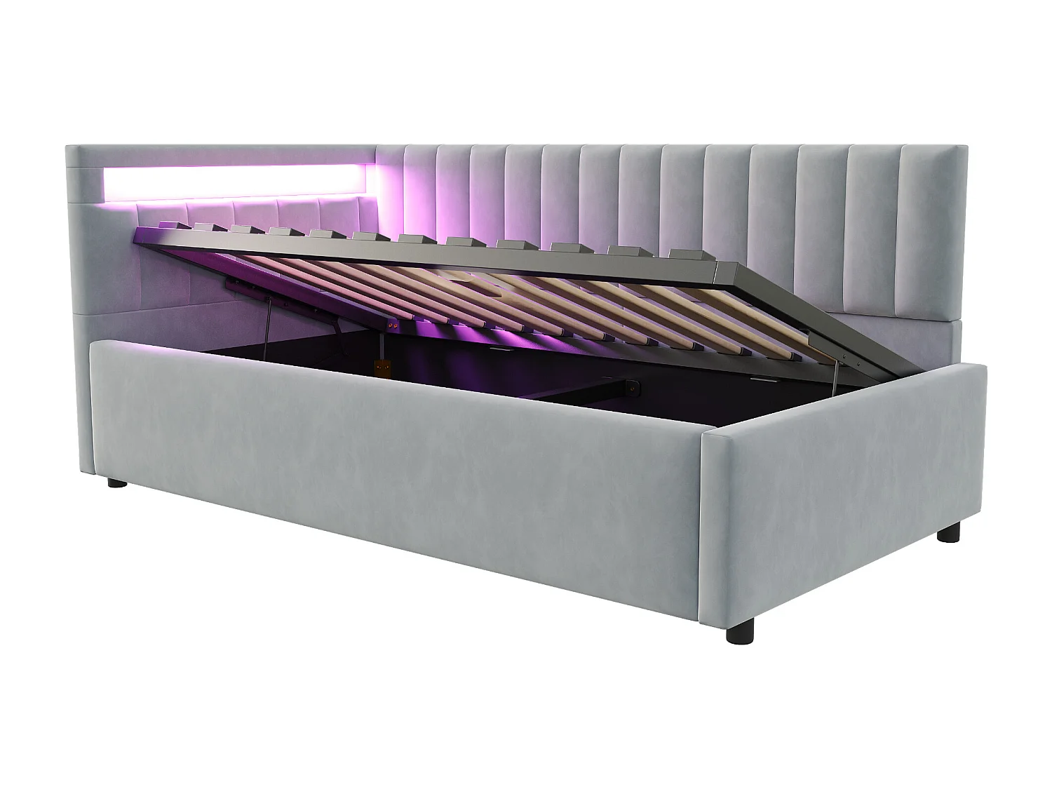 Cama de arrumação 90x200cm com LED - tecido em veludo - Cinza claro