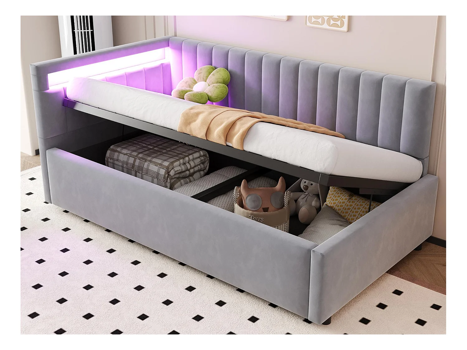 lit coffre 90x200cm avec LED - tissu en velours - Gris clair