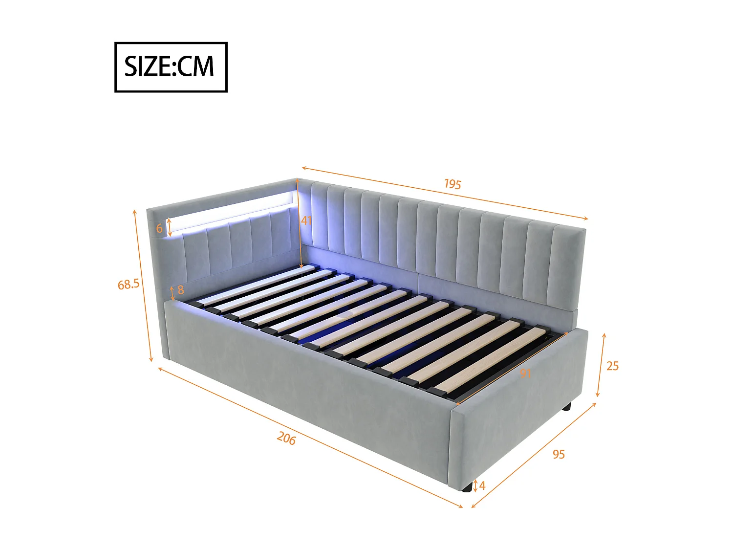 lit coffre 90x200cm avec LED - tissu en velours - Gris clair