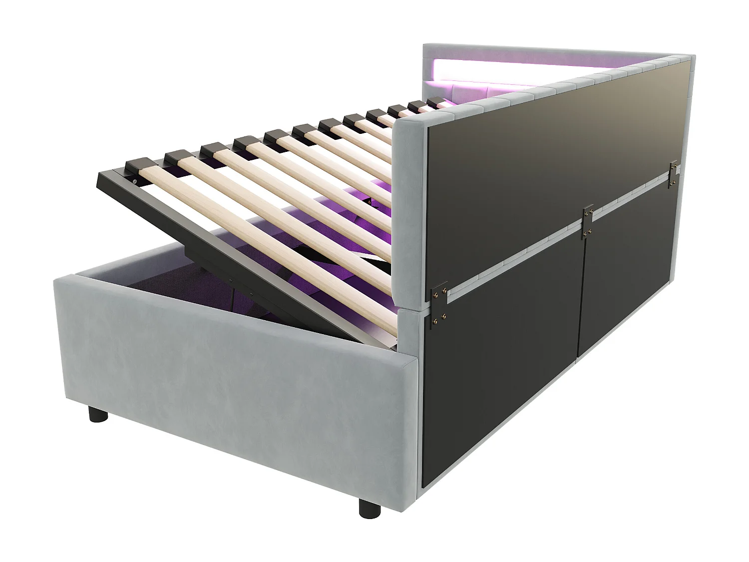 lit coffre 90x200cm avec LED - tissu en velours - Gris clair