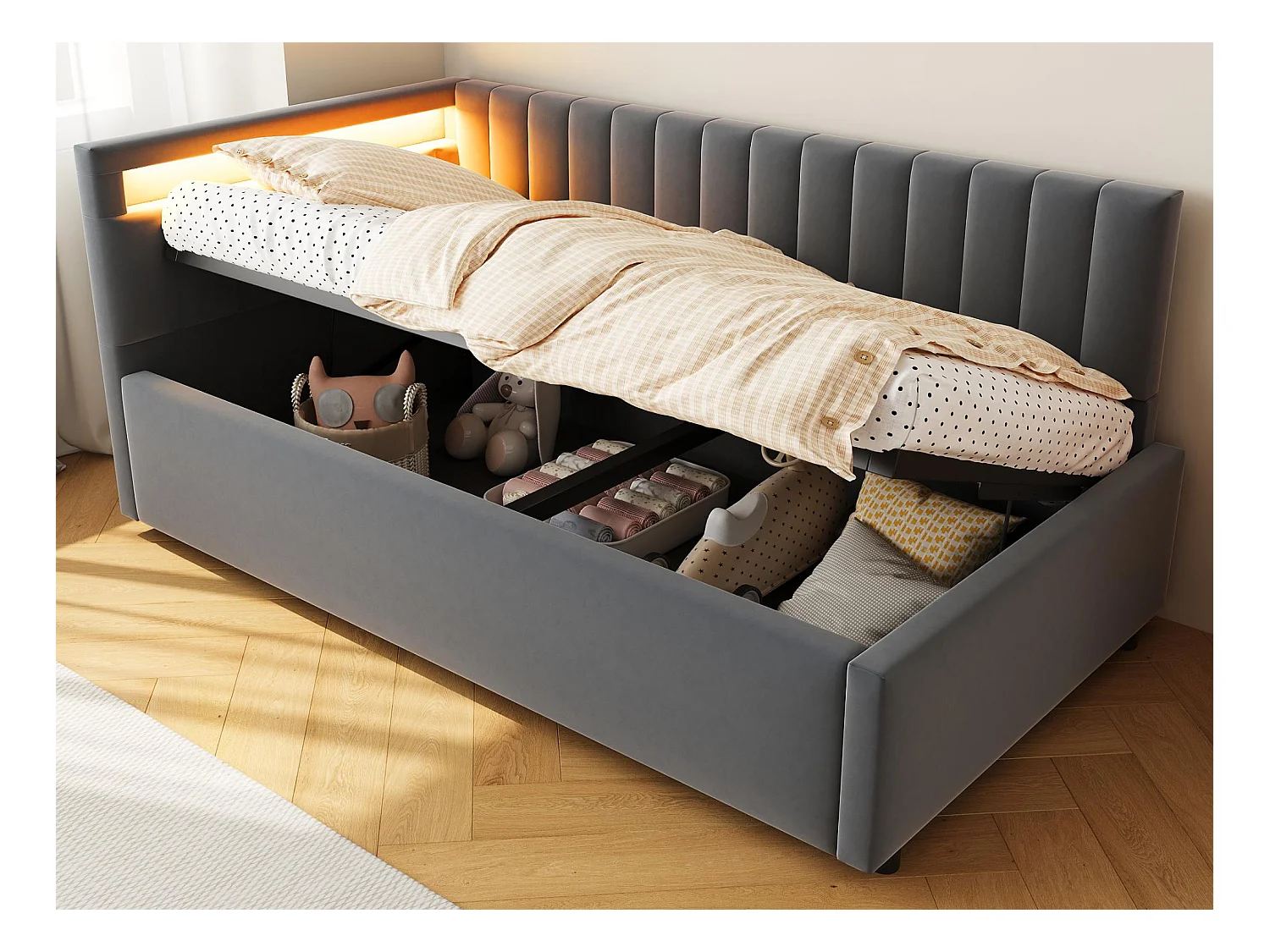 lit coffre 90x200cm avec LED - tissu en velours - Gris