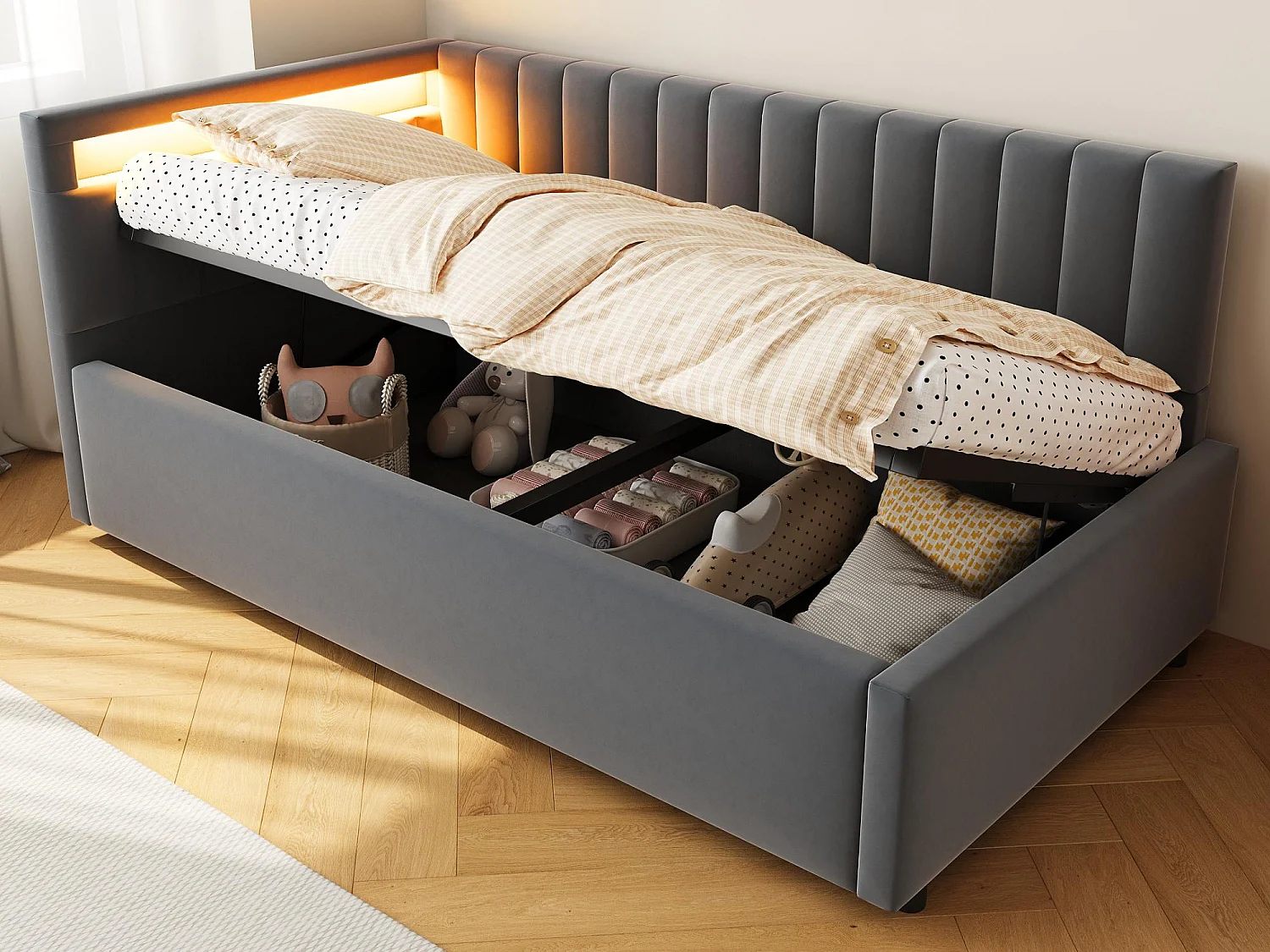 90x200cm Bett mit Stauraum und LED - Samtstoff - Grau