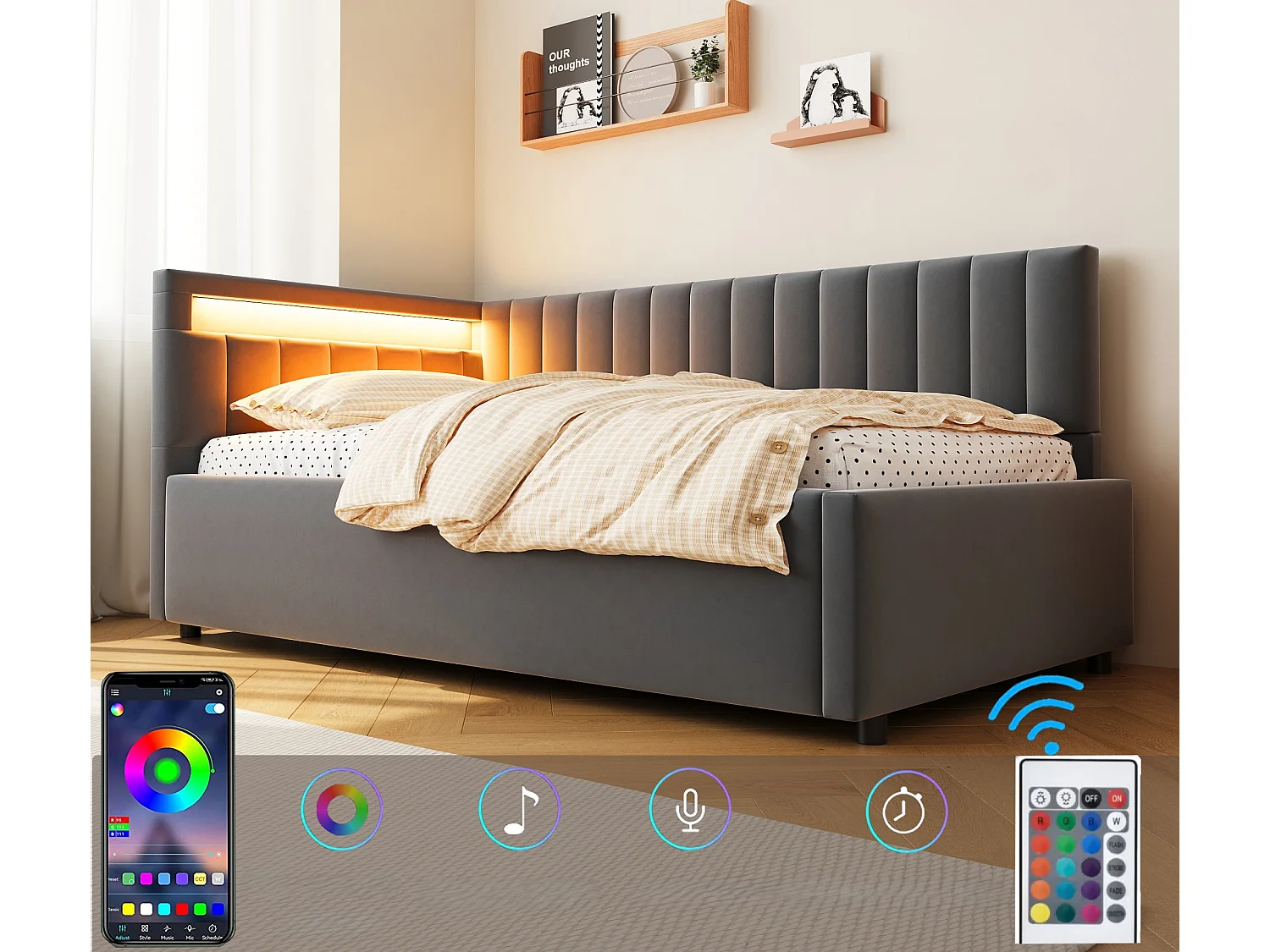 90x200cm Bett mit Stauraum und LED - Samtstoff - Grau