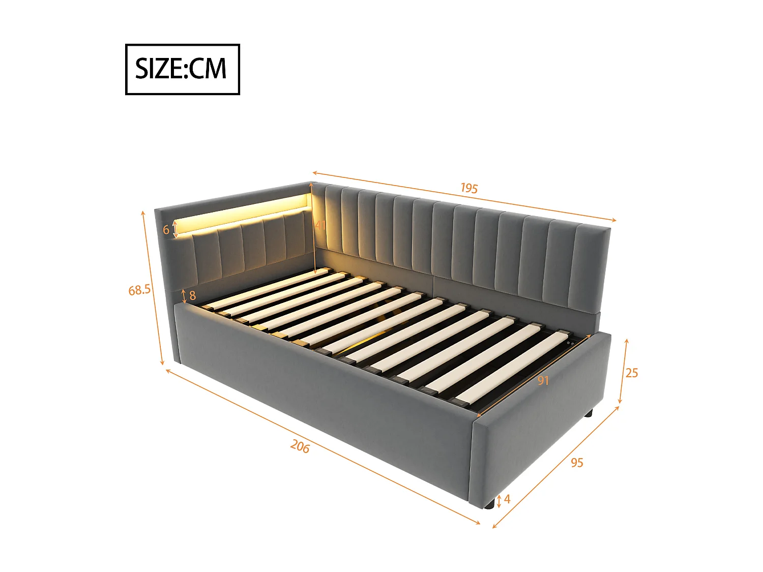 90x200cm Bett mit Stauraum und LED - Samtstoff - Grau