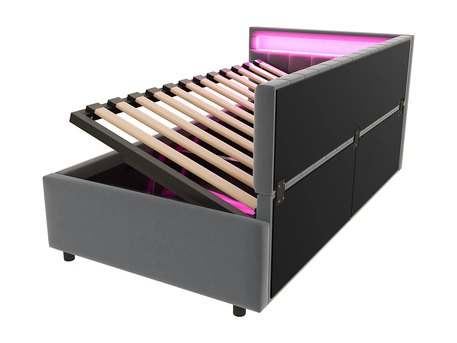 90x200cm Bett mit Stauraum und LED - Samtstoff - Grau