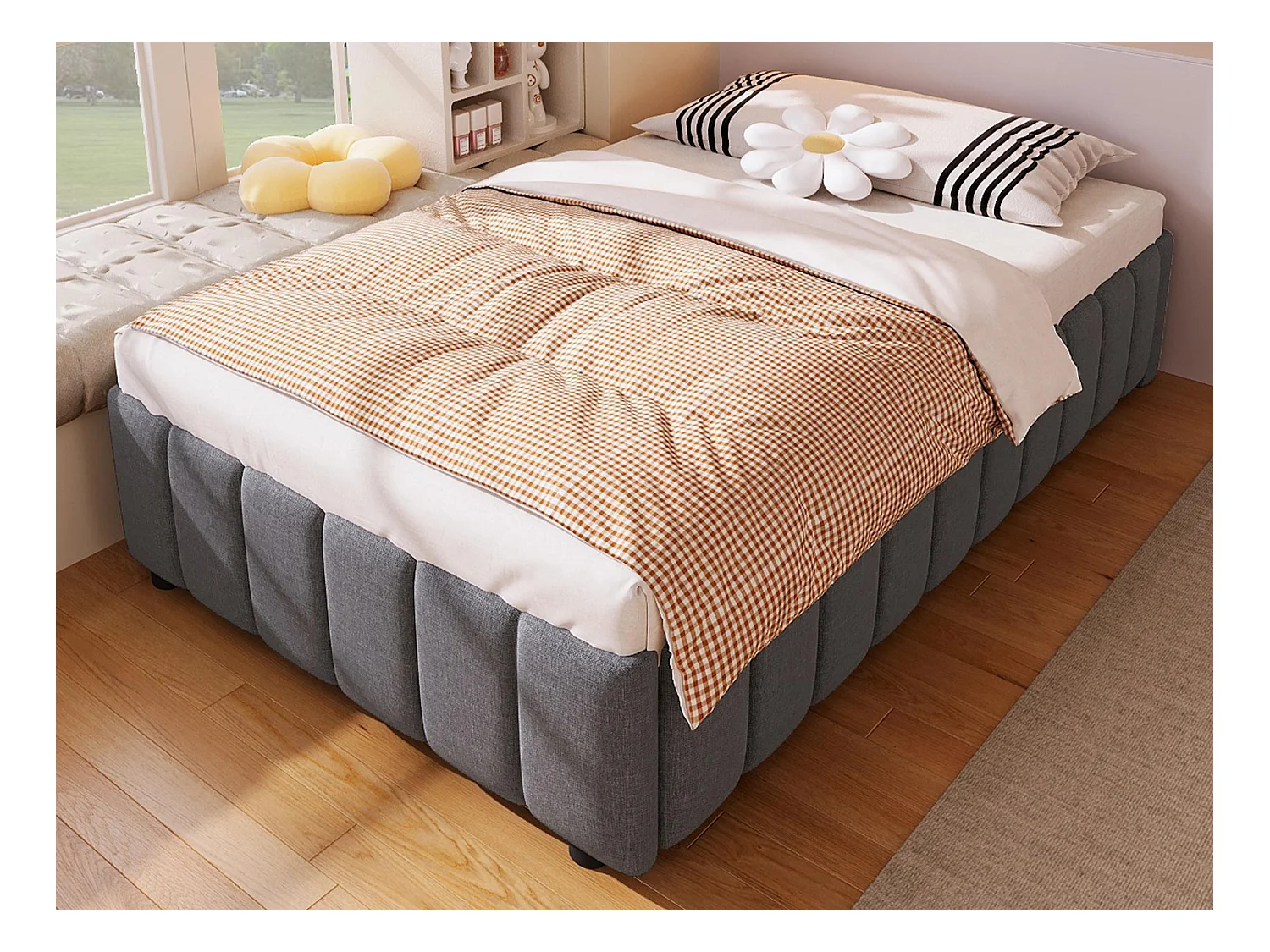 Lit coffre capitonné en lin - 90x200 cm - sans tête de lit - Gris