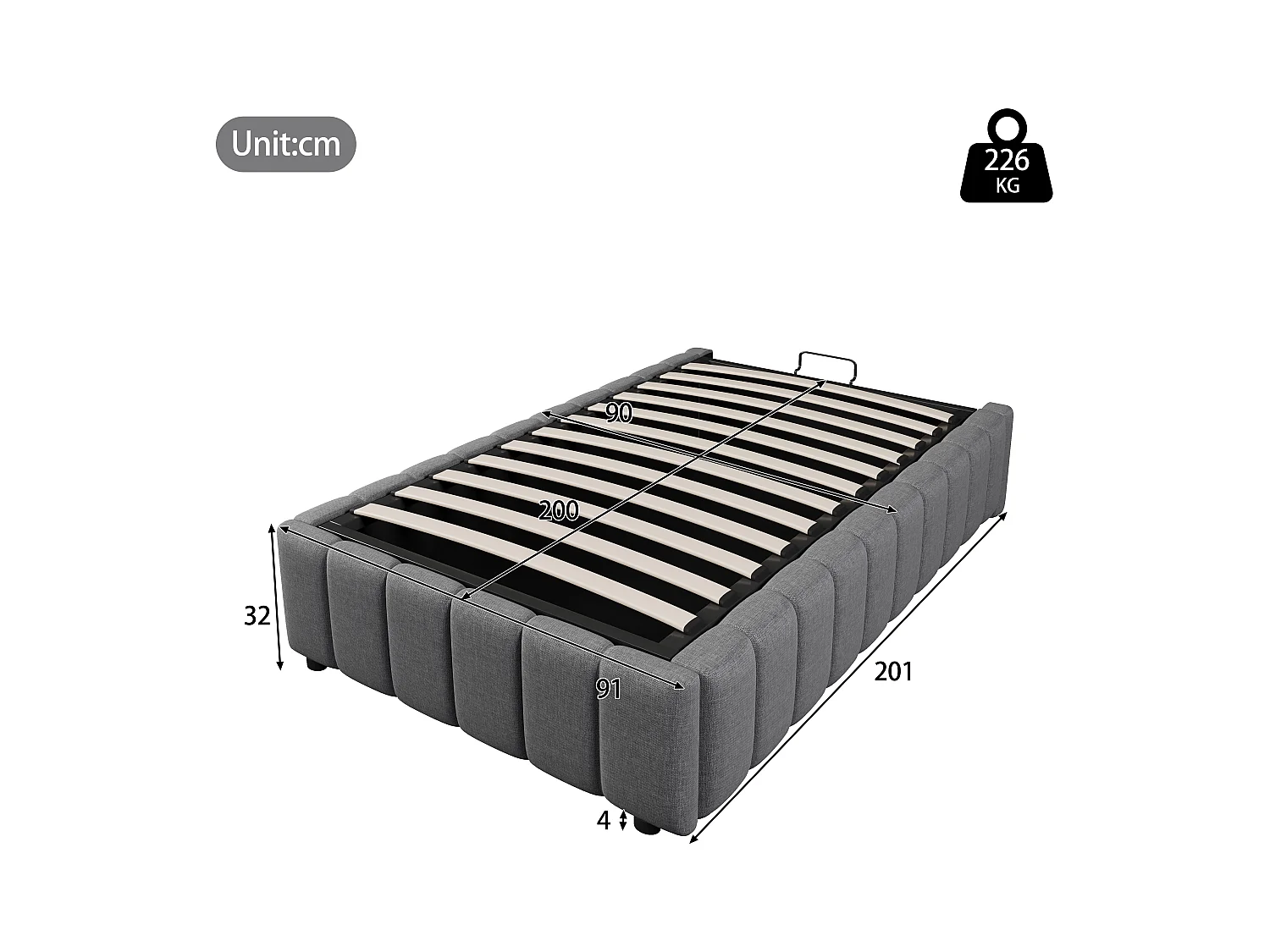 Lit coffre capitonné en lin - 90x200 cm - sans tête de lit - Gris