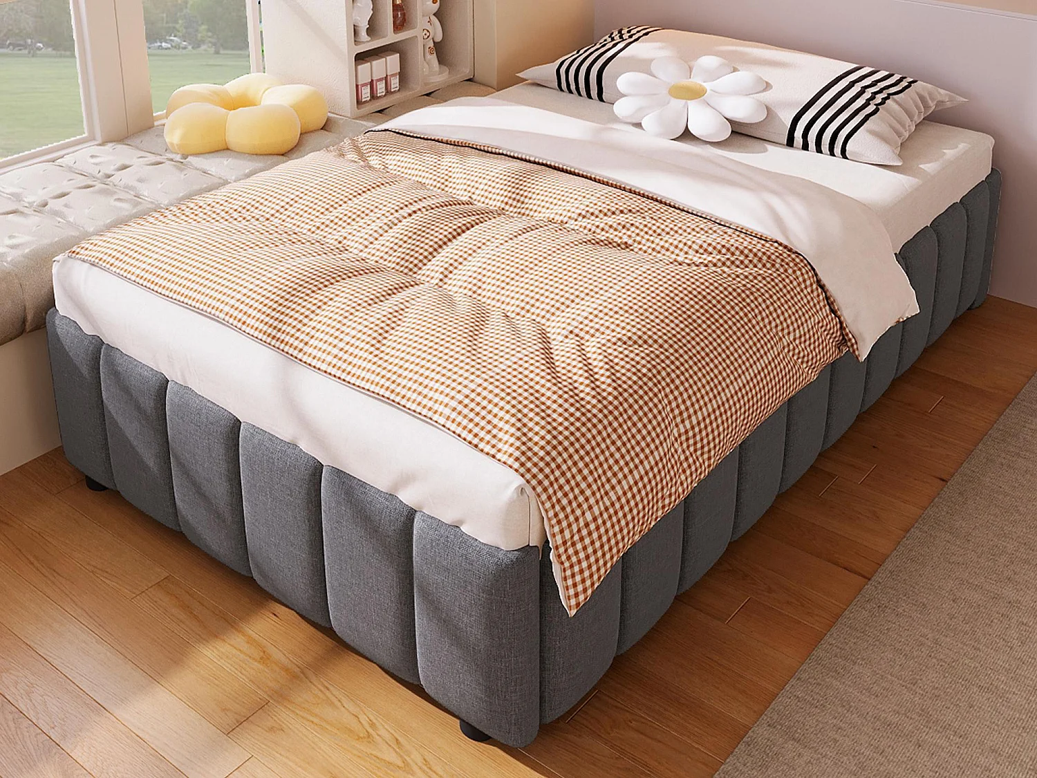 Lit coffre capitonné en lin - 90x200 cm - sans tête de lit - Gris