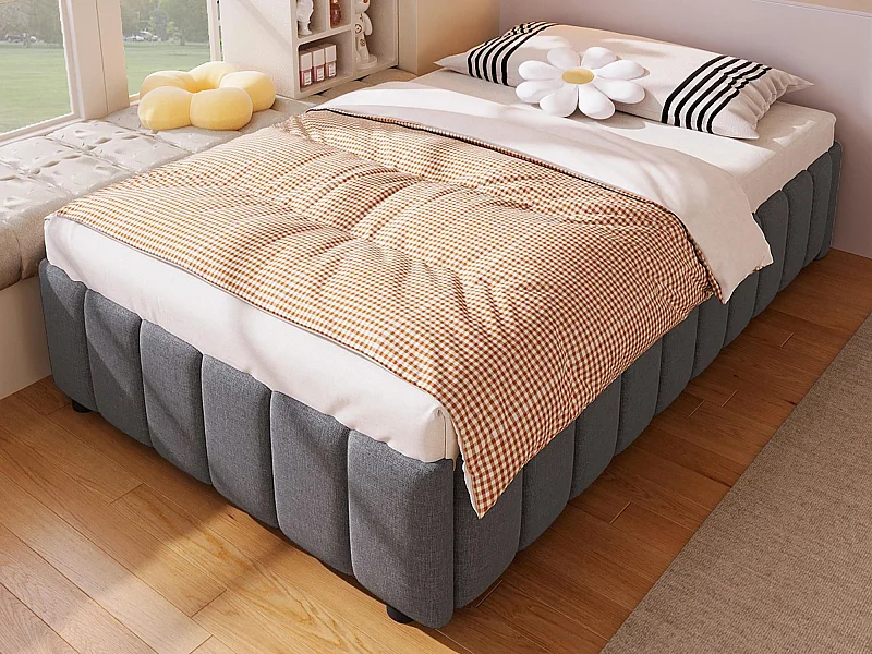 Leinengepolstertes Bett mit Stauraum - 90x200 cm - ohne Kopfteil - Grau