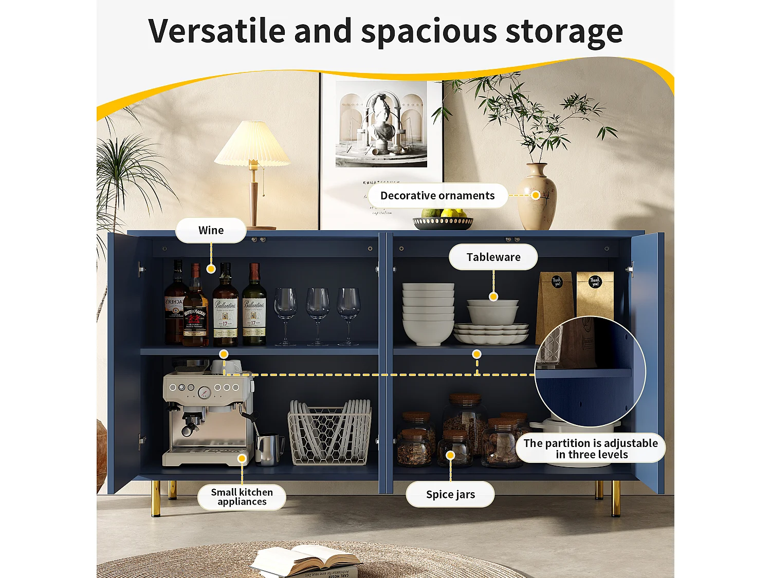 Buffet moderne - 4 portes au design unique - en MDF - Bleu