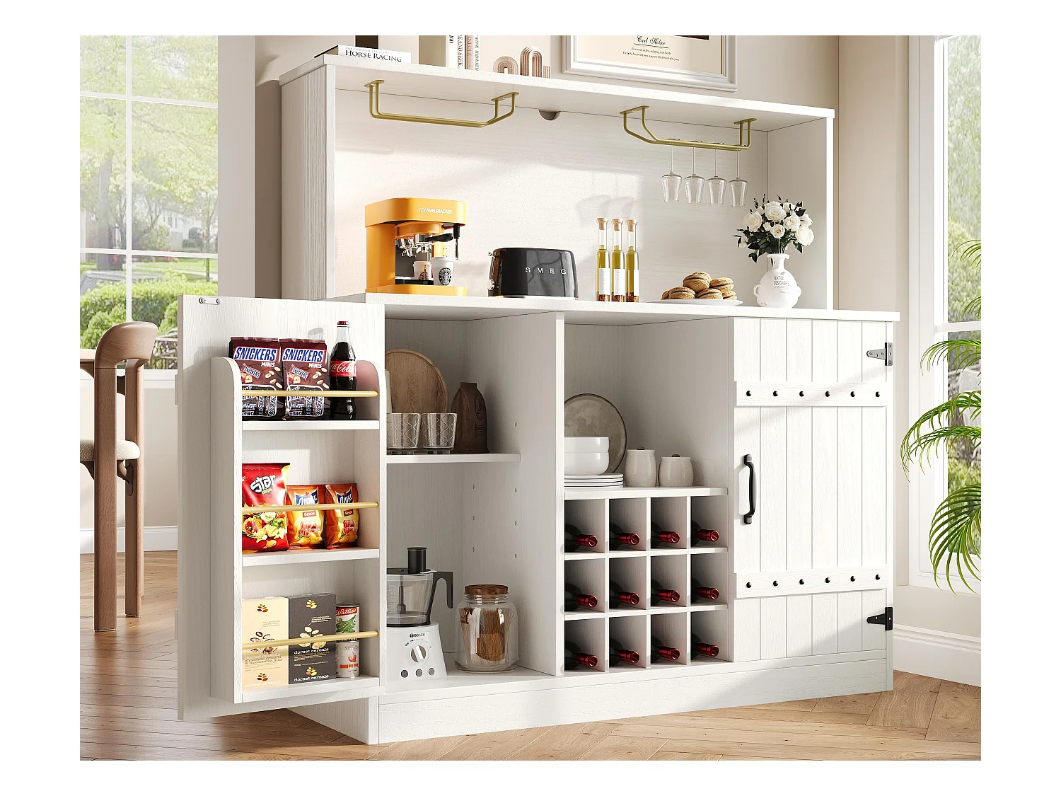 Meuble bar、Buffet haut moderne - rangements multiples - Blanc