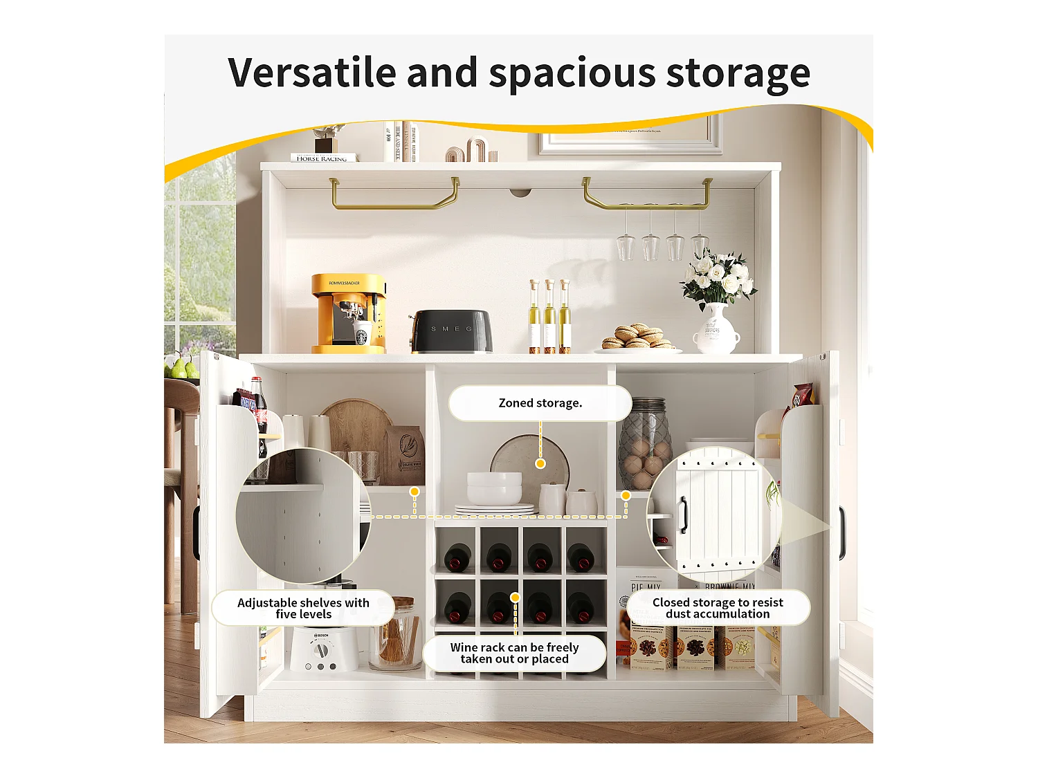 Meuble bar、Buffet haut moderne - rangements multiples - Blanc