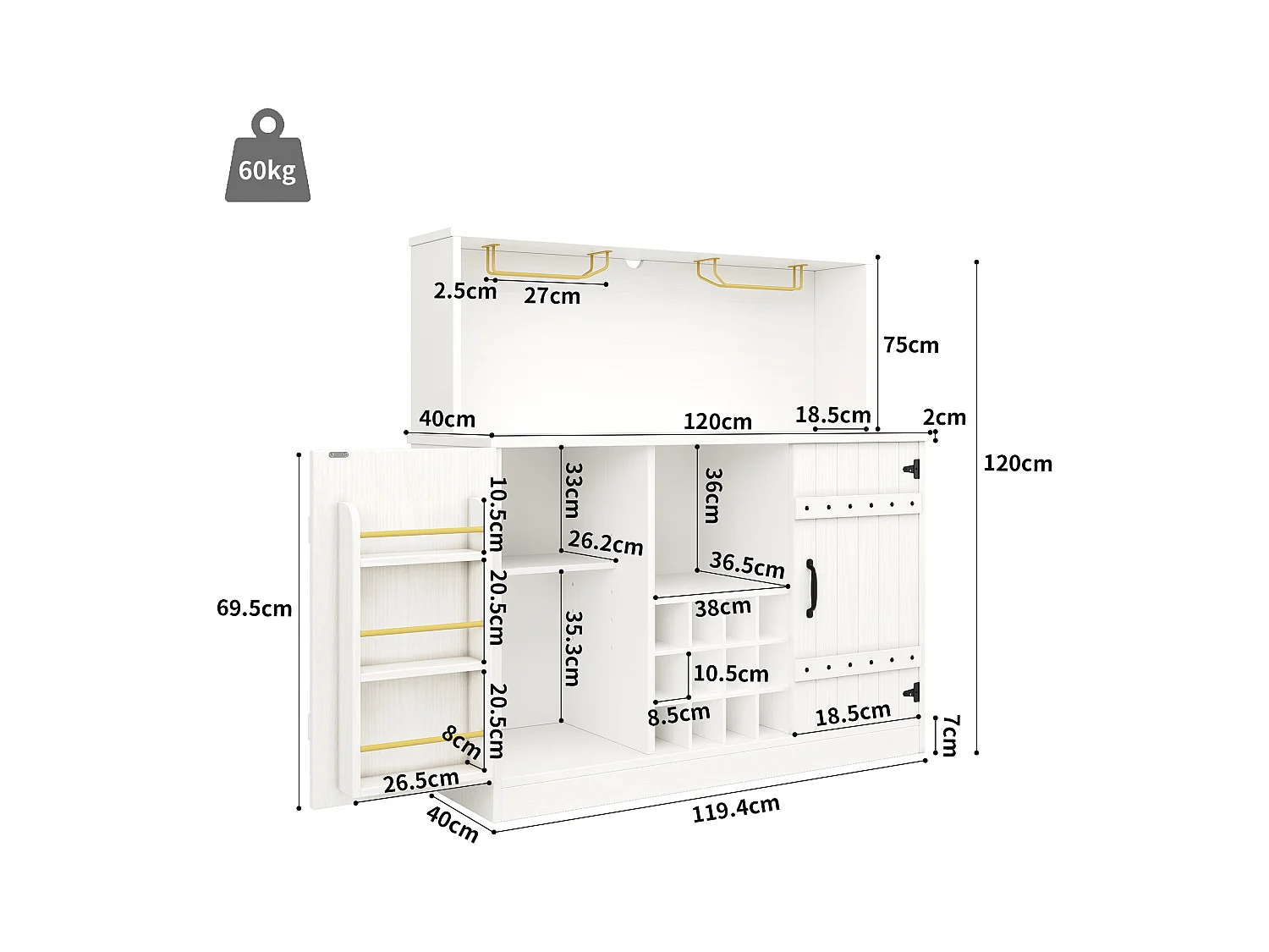 Meuble bar、Buffet haut moderne - rangements multiples - Blanc