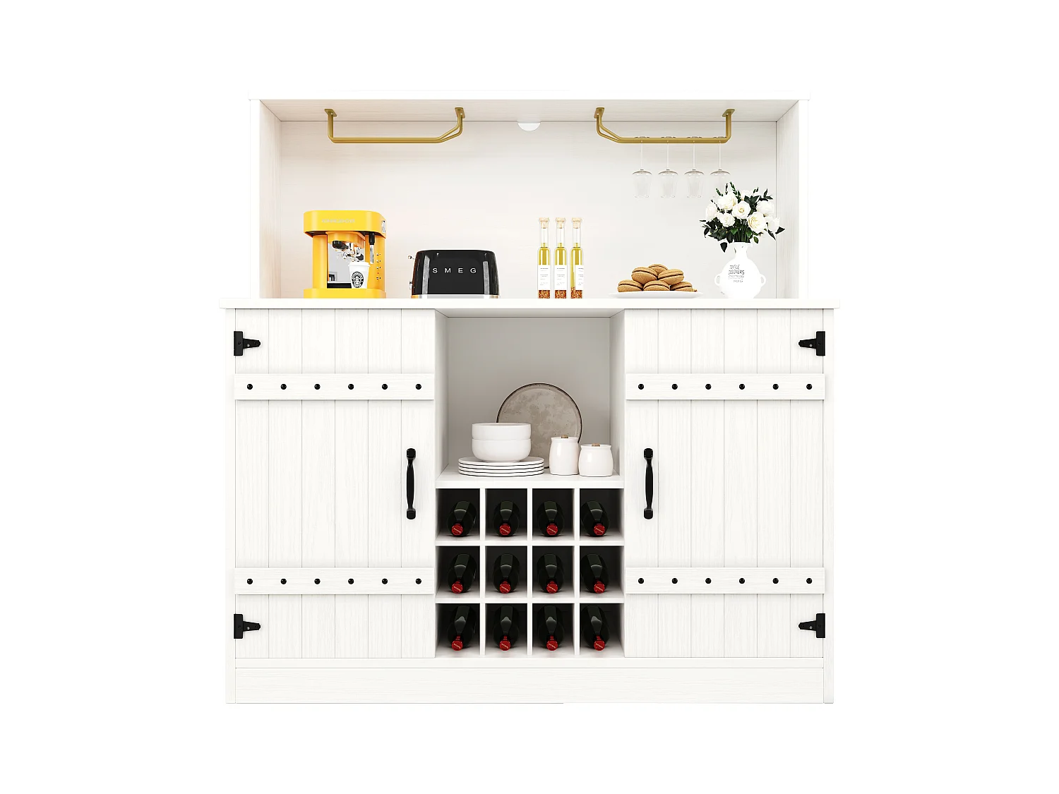 Meuble bar、Buffet haut moderne - rangements multiples - Blanc