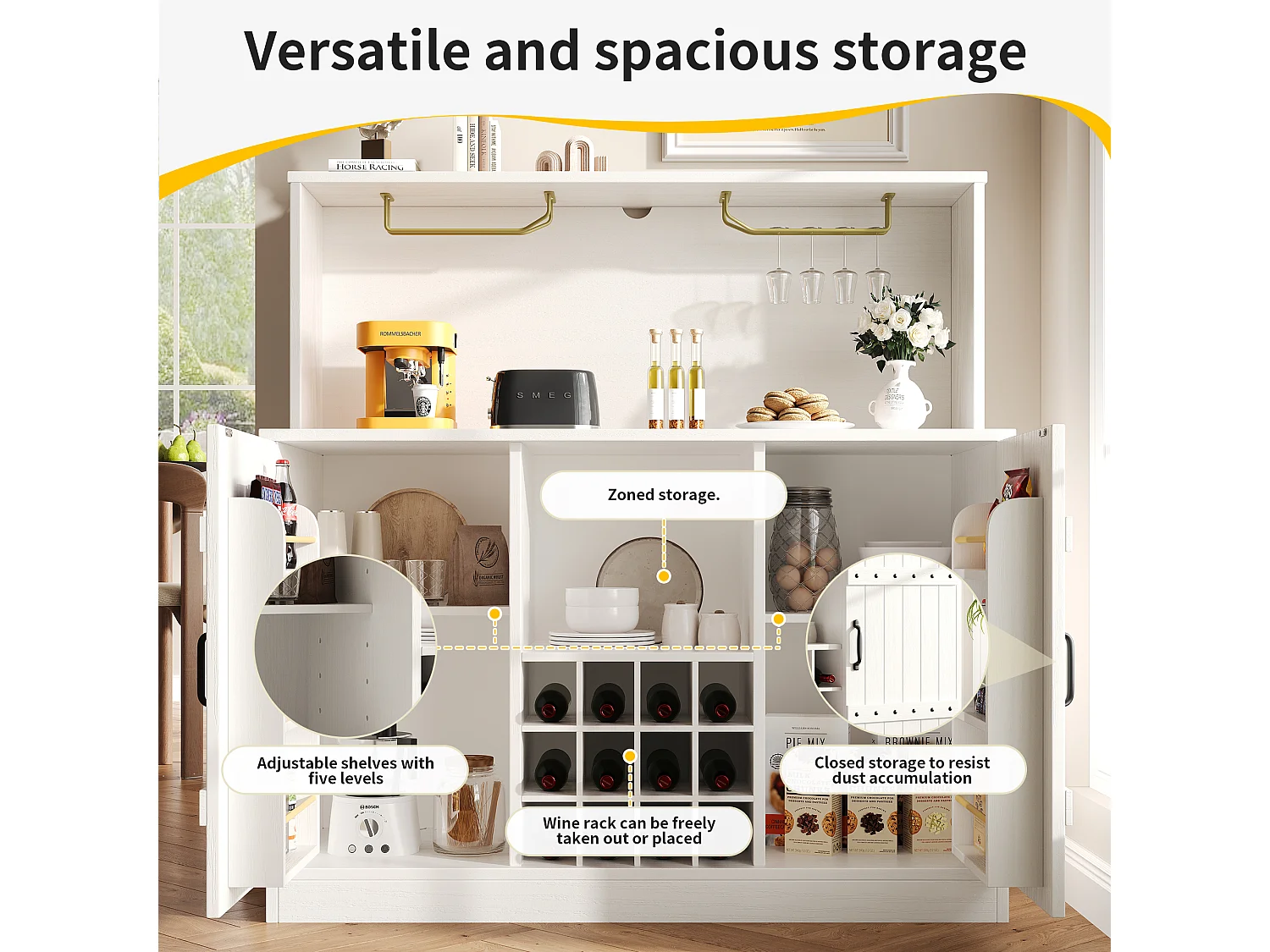 Meuble bar、Buffet haut moderne - rangements multiples - Blanc