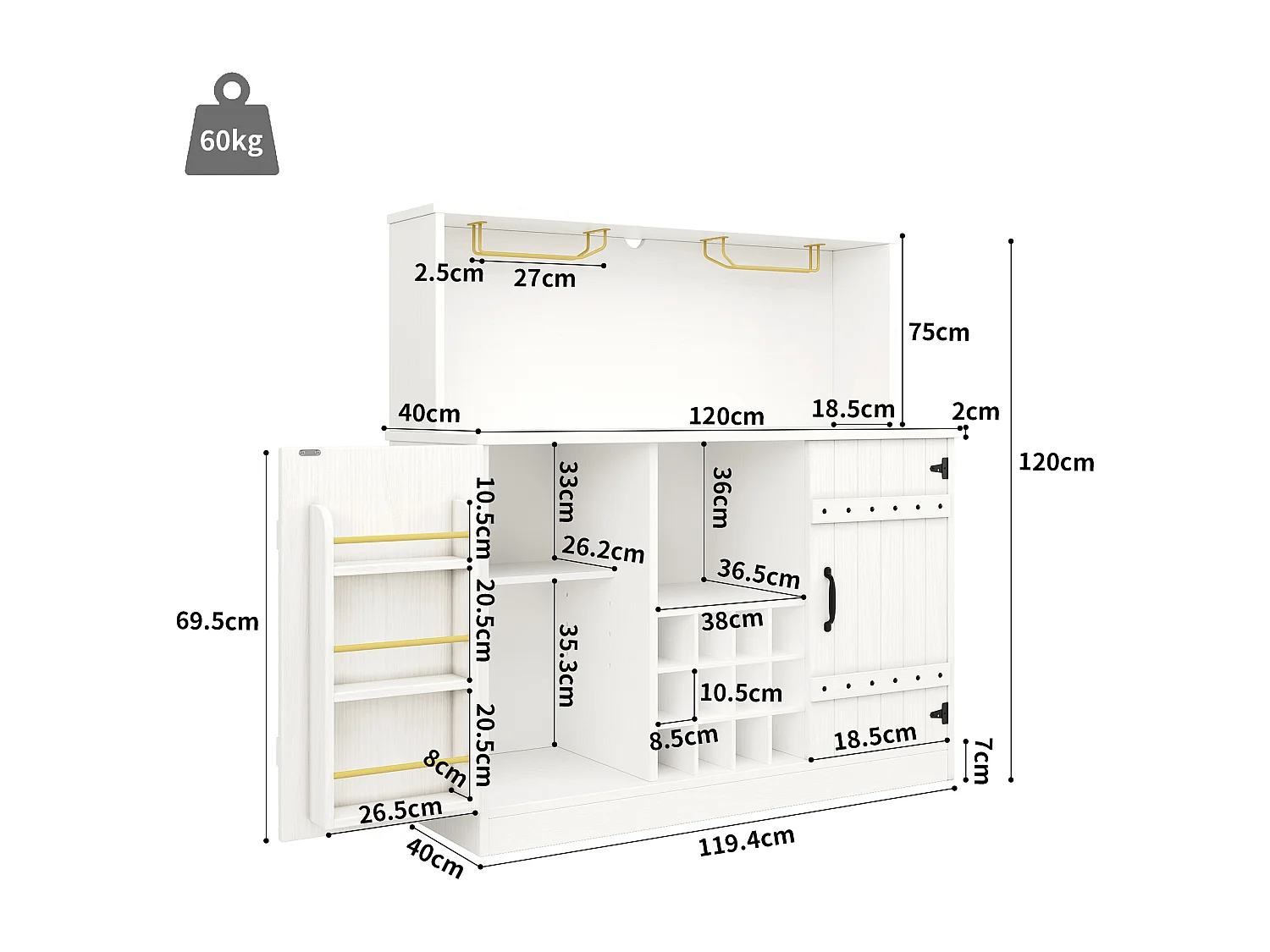 Meuble bar、Buffet haut moderne - rangements multiples - Blanc