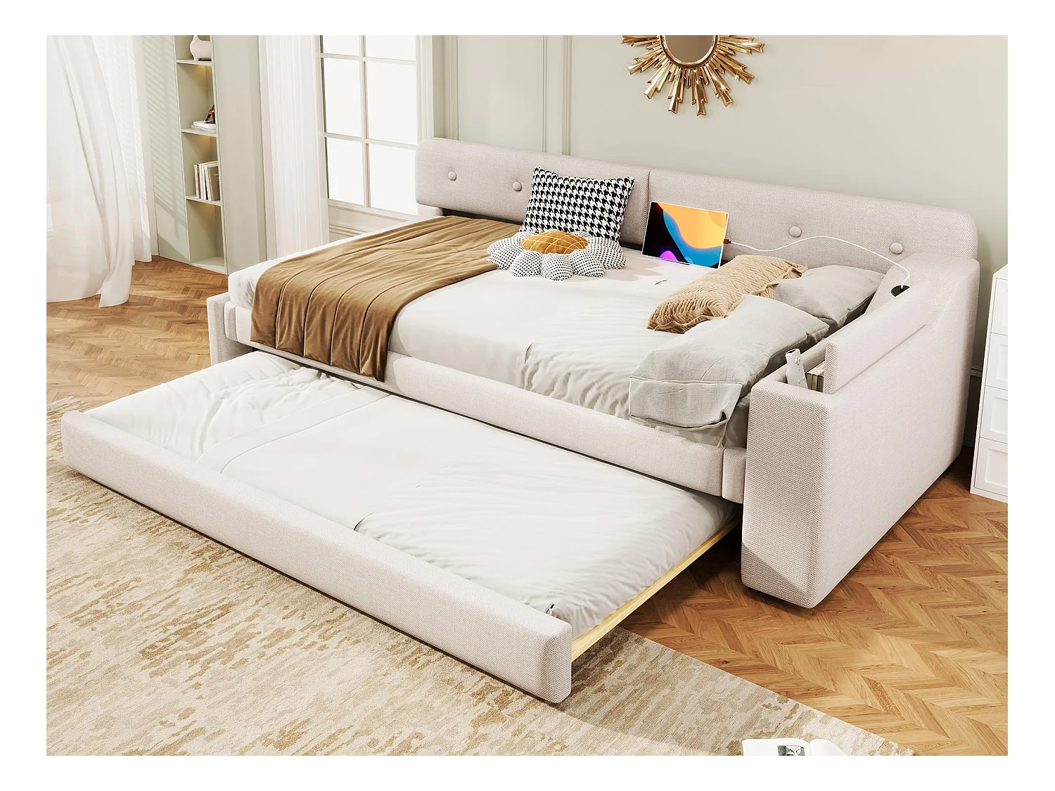 Lit gigogne 90x200 cm en lin - rangement rabattable avec prises - Beige