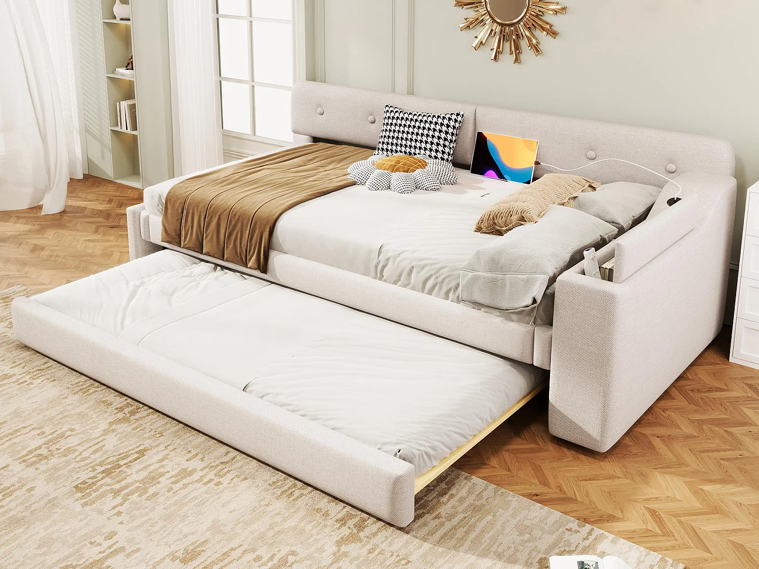 Letto estraibile in lino 90x200 cm - contenitore pieghevole con prese - Beige