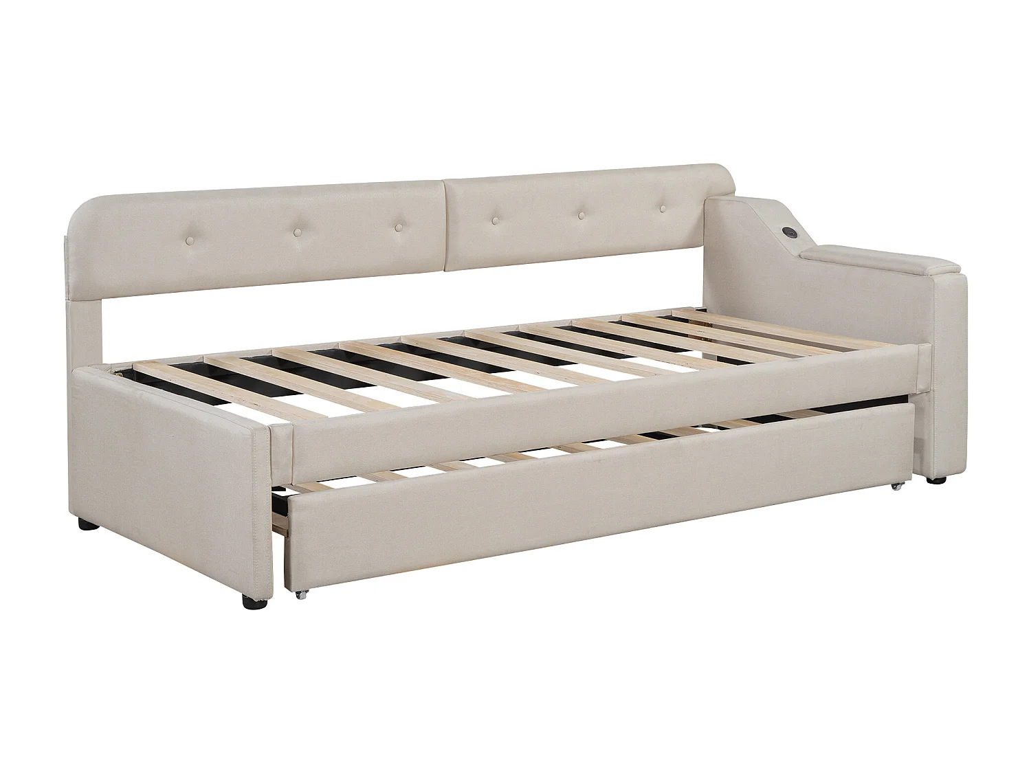 Letto estraibile in lino 90x200 cm - contenitore pieghevole con prese - Beige