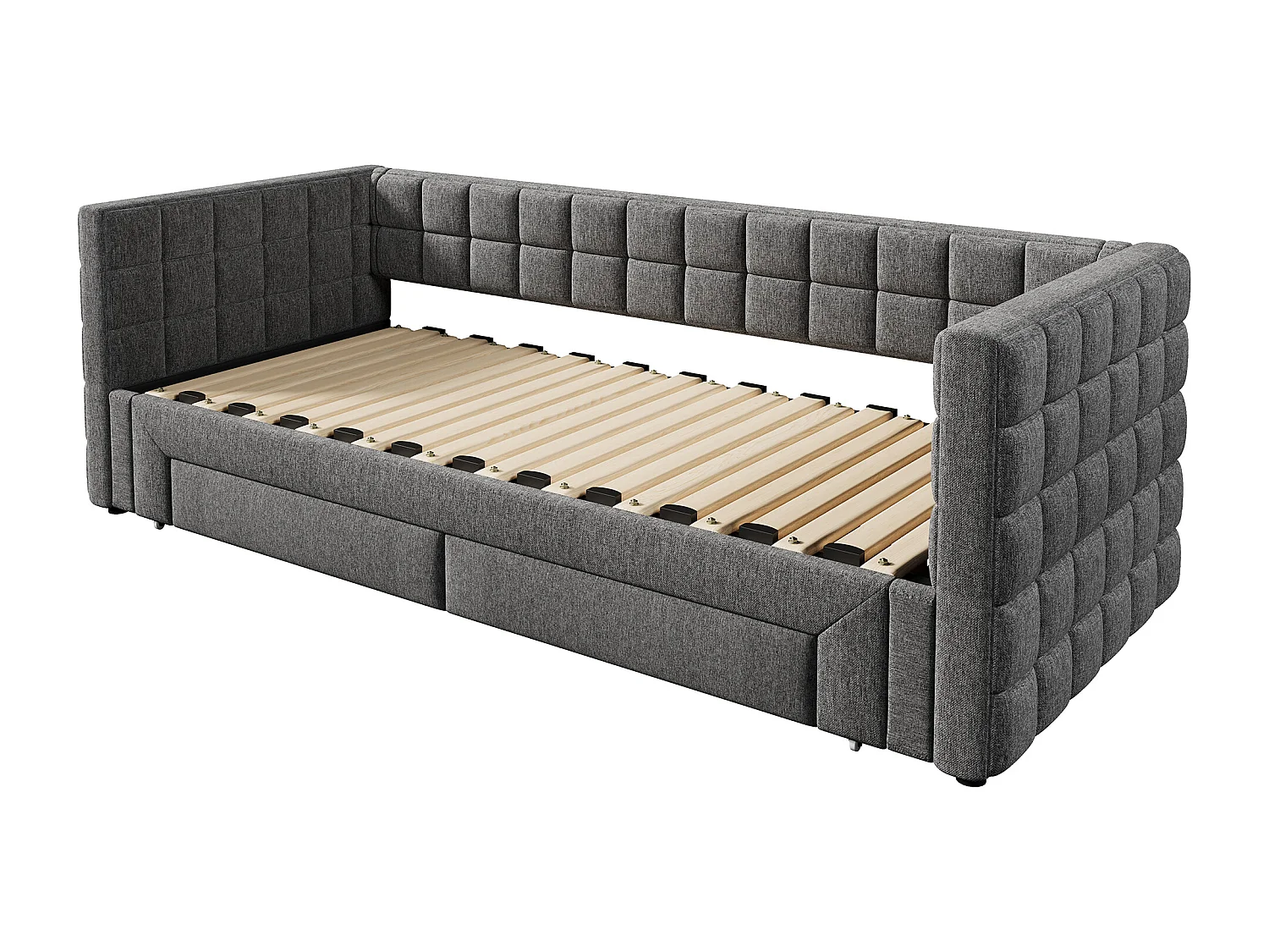 Łóżko wysuwane 90/180x200cm z weluru - z tapicerowanym oparciem i 2 szufladami - Szare