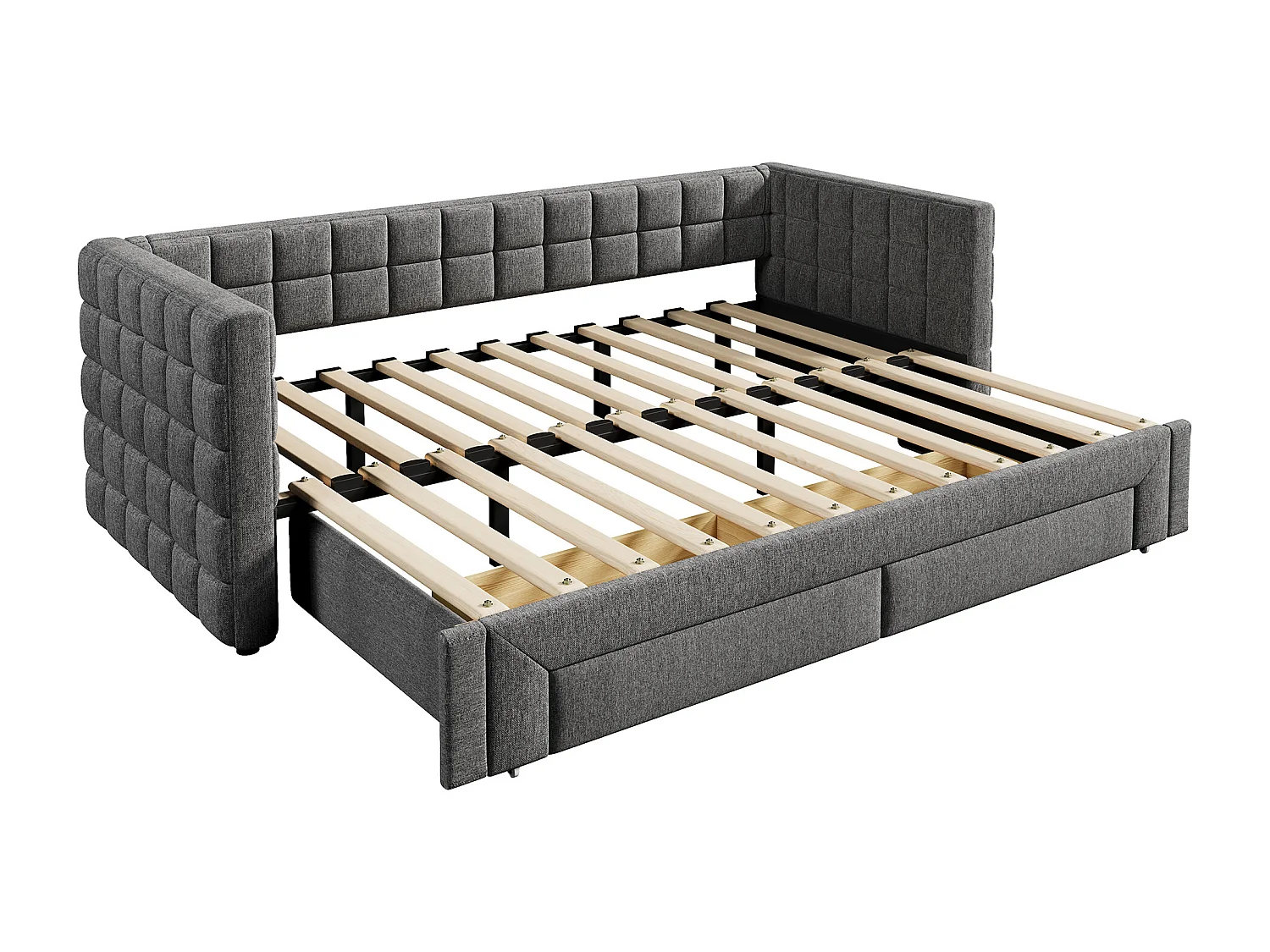 Łóżko wysuwane 90/180x200cm z weluru - z tapicerowanym oparciem i 2 szufladami - Szare