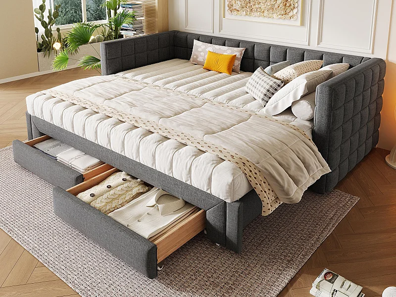 Łóżko wysuwane 90/180x200cm z weluru - z tapicerowanym oparciem i 2 szufladami - Szare