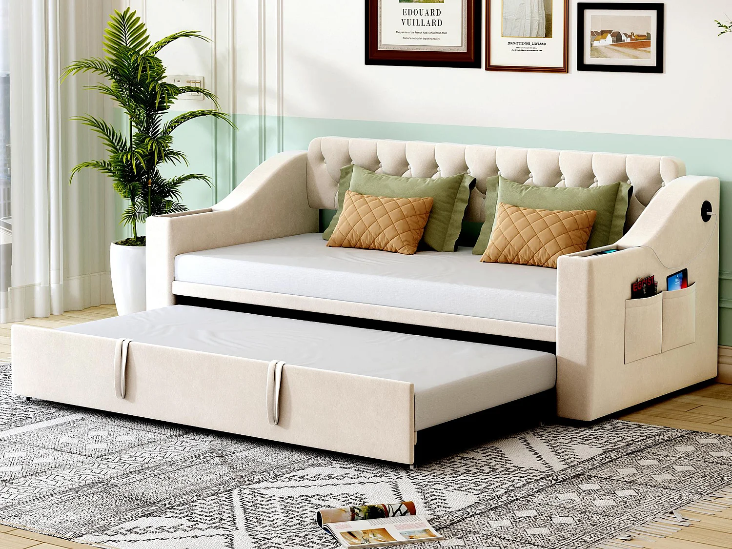 Lit gigogne 90/180x190 cm - avec prises et poche de rangement - tissu en velours - Beige