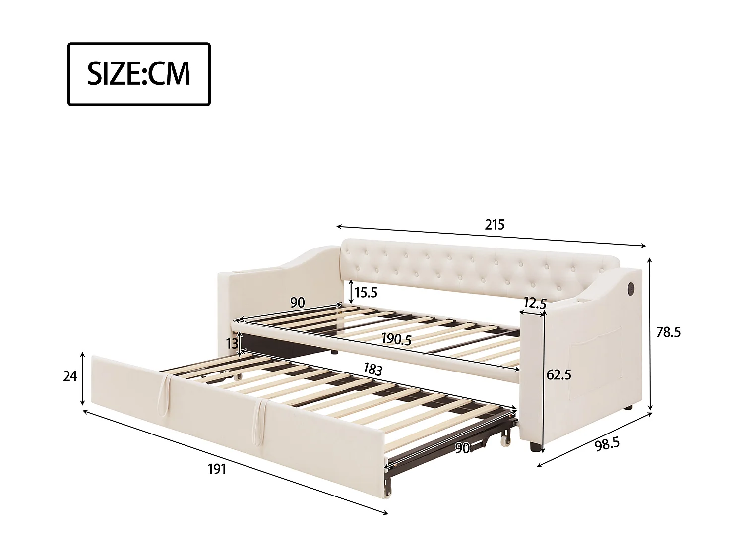 Lit gigogne 90/180x190 cm - avec prises et poche de rangement - tissu en velours - Beige