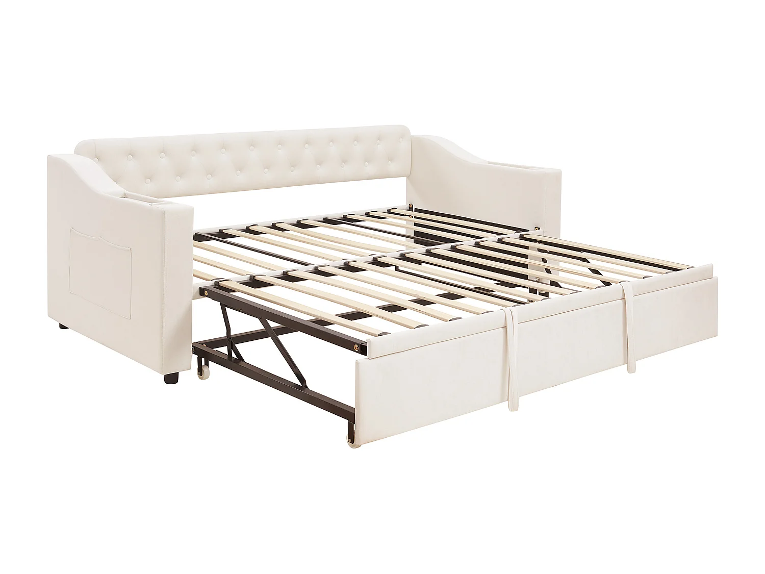 Lit gigogne 90/180x190 cm - avec prises et poche de rangement - tissu en velours - Beige