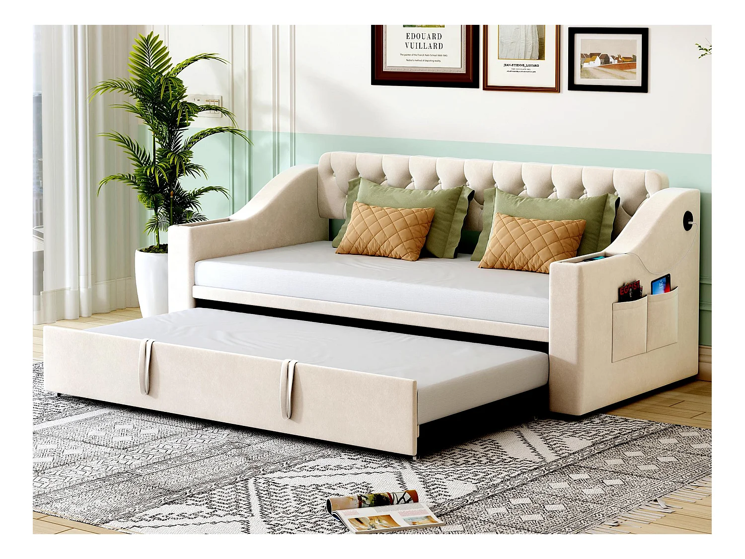 Lit gigogne 90/180x190 cm - avec prises et poche de rangement - tissu en velours - Beige